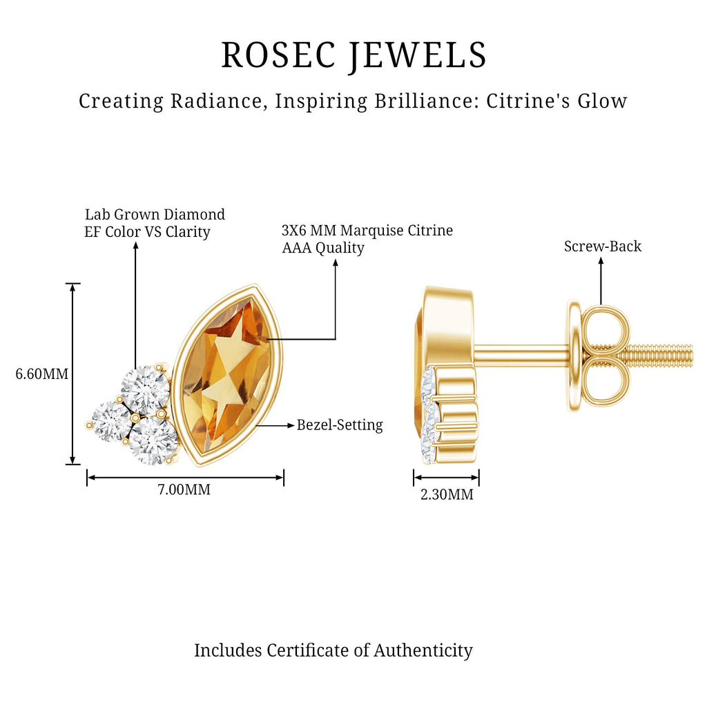 Citrine Stud Earrings – Marquise Cut Yellow Gold Bezel Set Jewelry with Diamond Accent