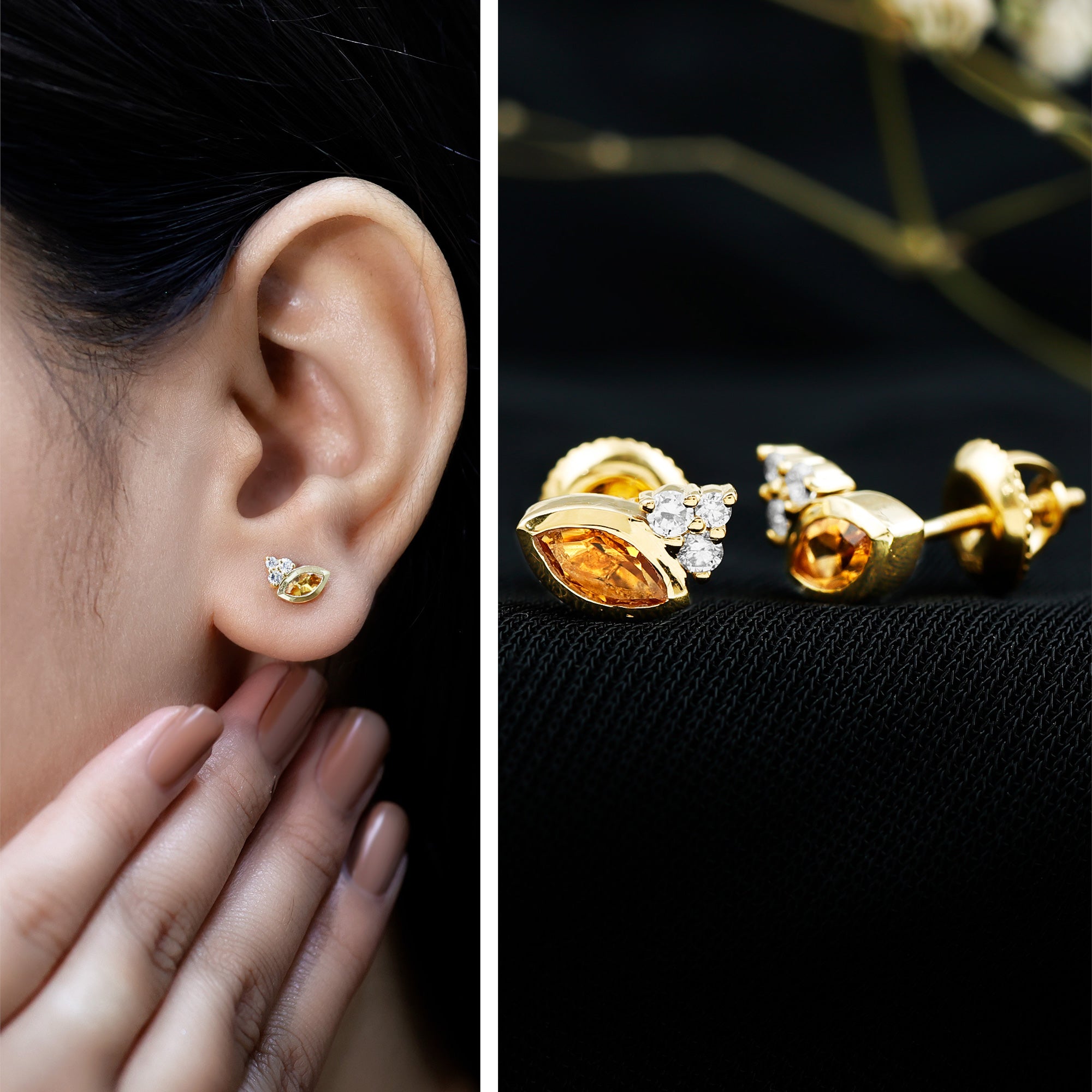 Citrine Stud Earrings – Marquise Cut Yellow Gold Bezel Set Jewelry with Diamond Accent