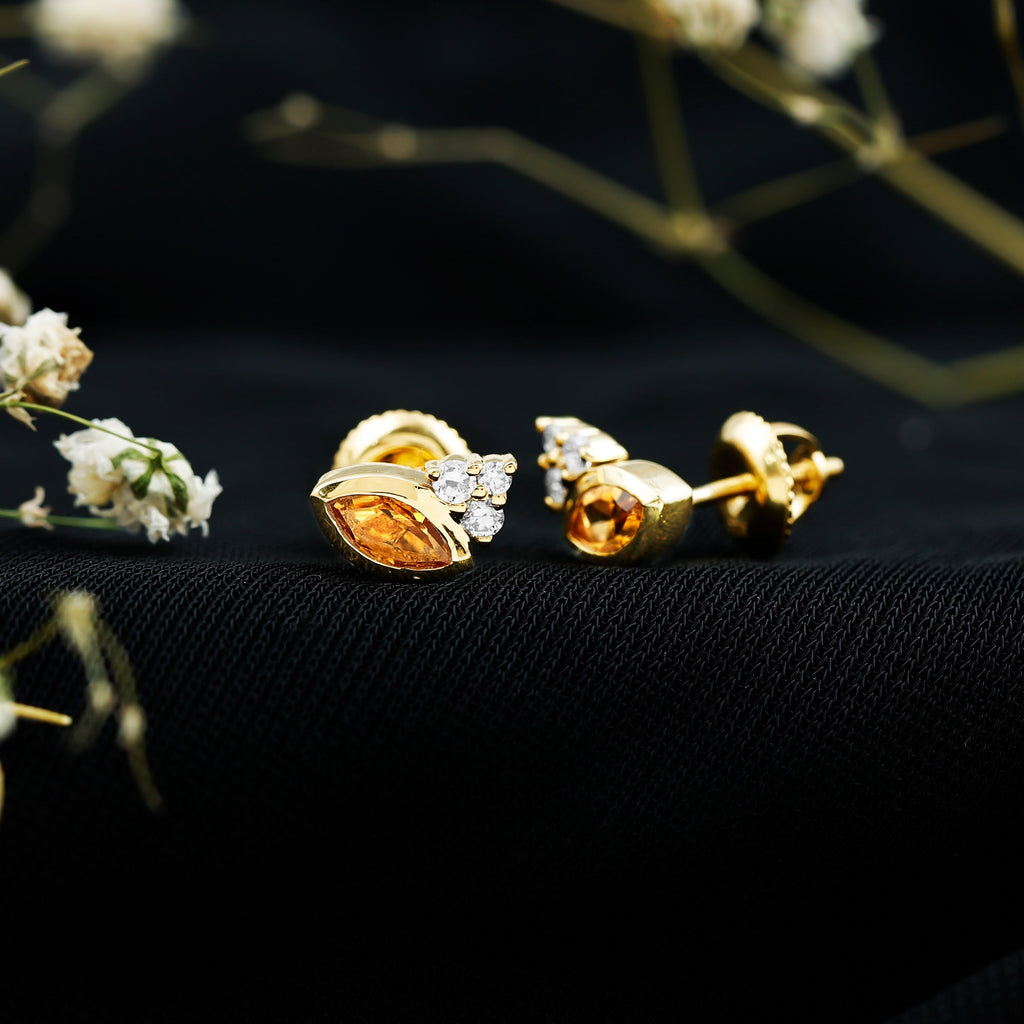Citrine Stud Earrings – Marquise Cut Yellow Gold Bezel Set Jewelry with Diamond Accent