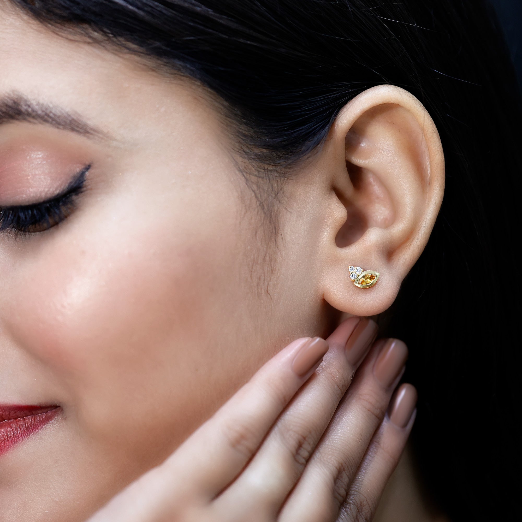 Citrine Stud Earrings – Marquise Cut Yellow Gold Bezel Set Jewelry with Diamond Accent