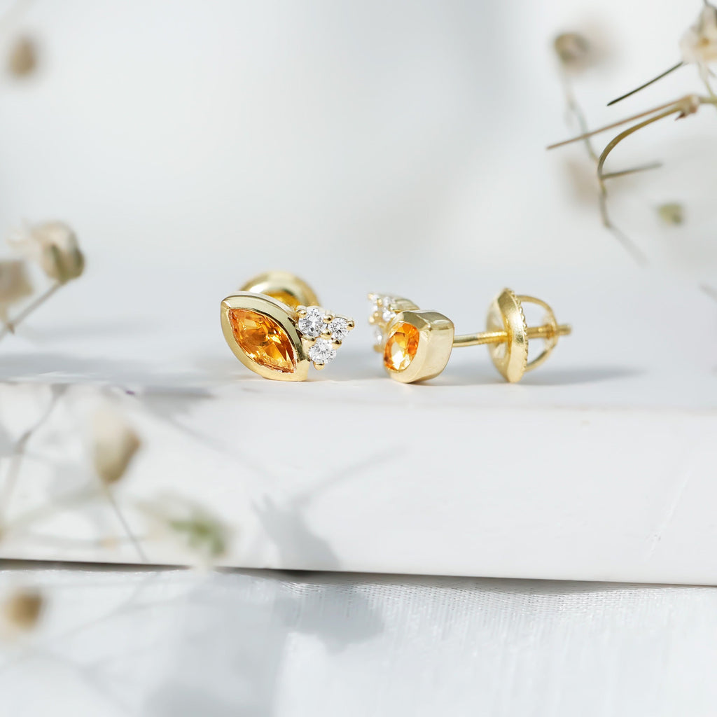 Citrine Stud Earrings – Marquise Cut Yellow Gold Bezel Set Jewelry with Diamond Accent