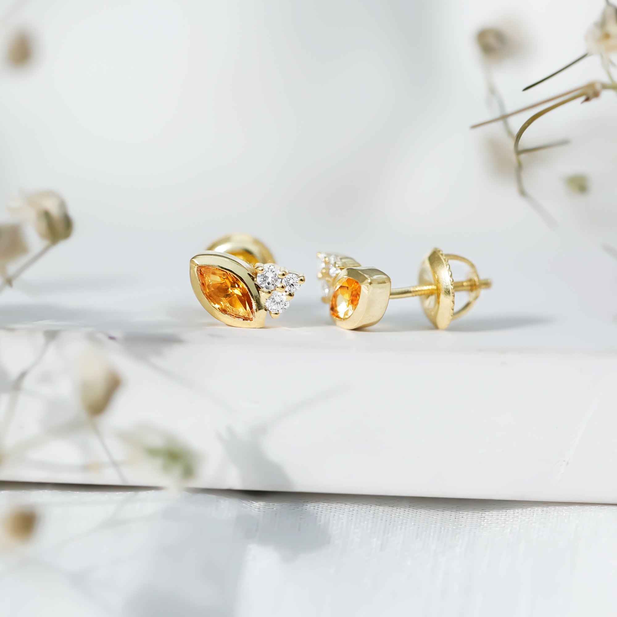 Citrine Stud Earrings – Marquise Cut Yellow Gold Bezel Set Jewelry with Diamond Accent