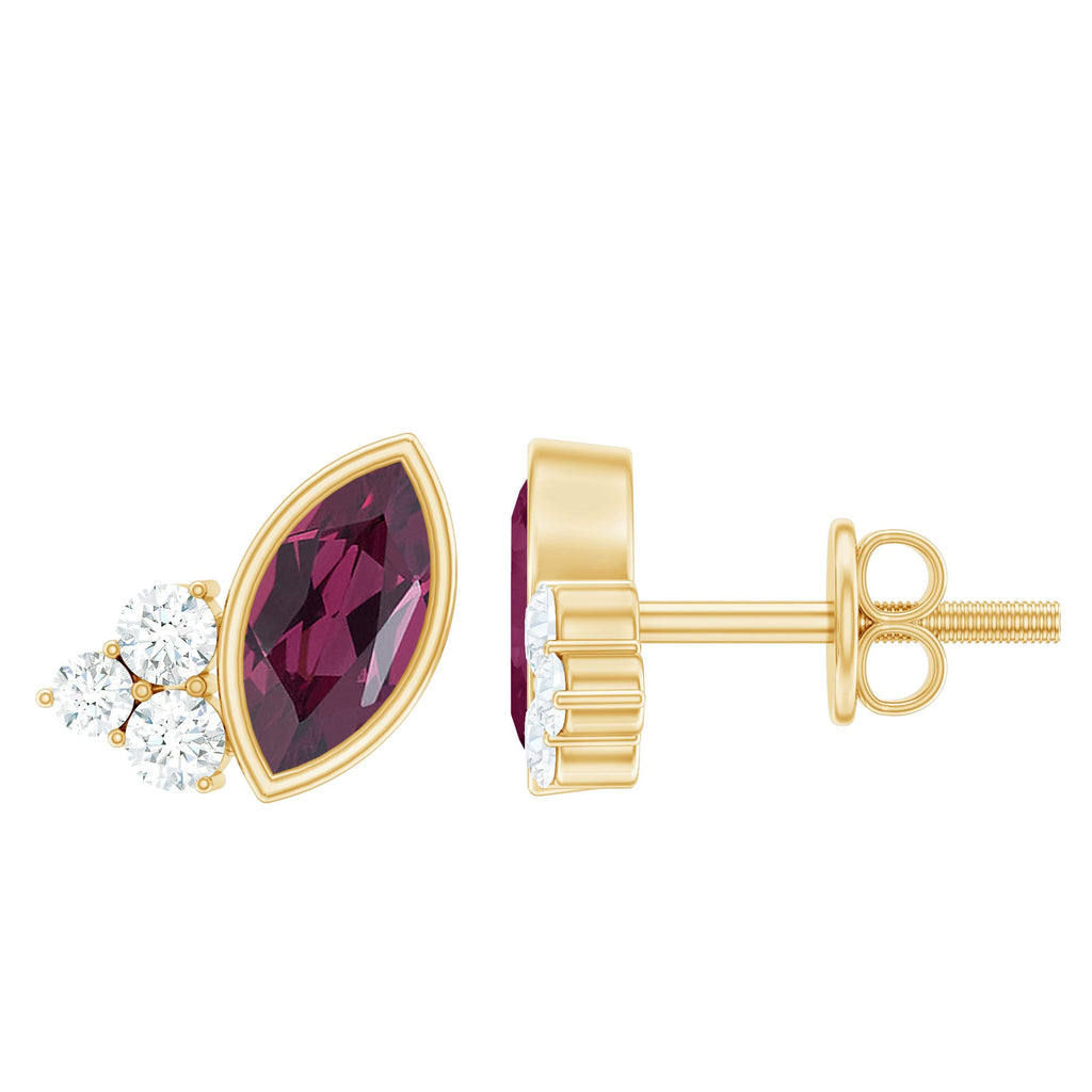 Rhodolite Garnet Earrings – Bezel Set Marquise Cut Studs with EF-VS Lab Diamonds