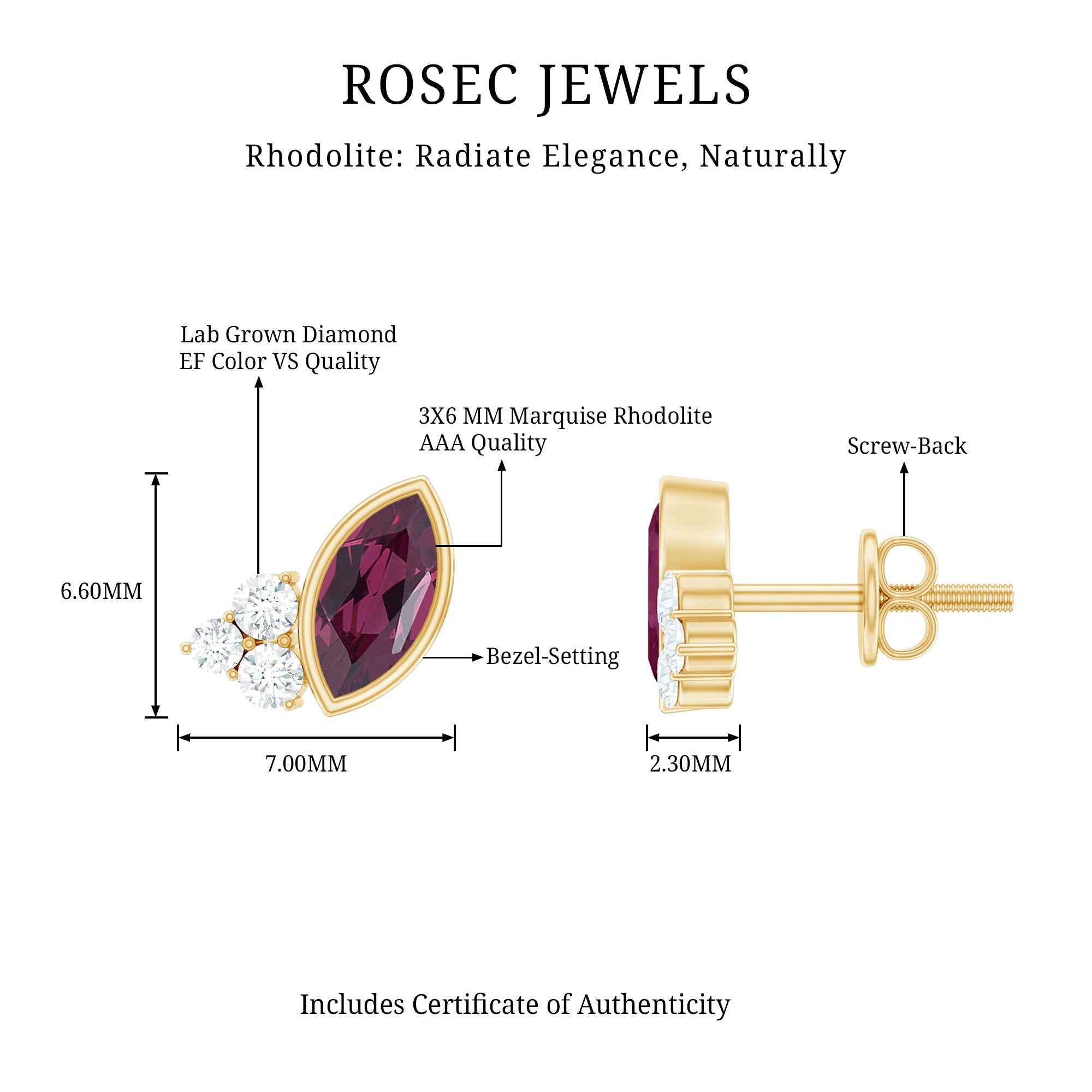 Rhodolite Garnet Earrings – Bezel Set Marquise Cut Studs with EF-VS Lab Diamonds