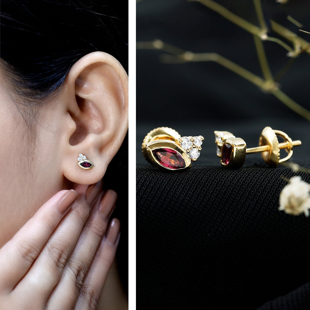 Rhodolite Garnet Earrings – Bezel Set Marquise Cut Studs with EF-VS Lab Diamonds