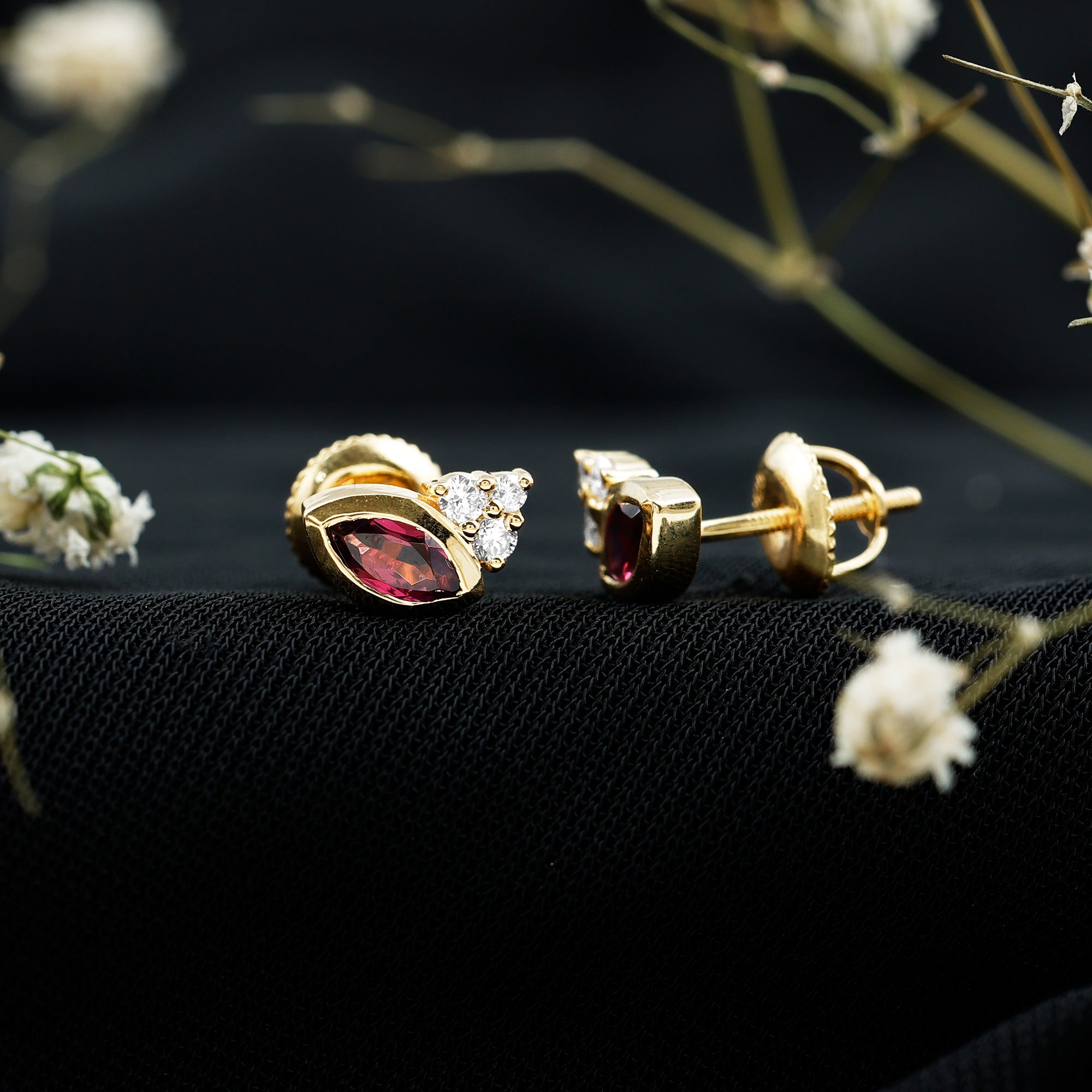 Rhodolite Garnet Earrings – Bezel Set Marquise Cut Studs with EF-VS Lab Diamonds