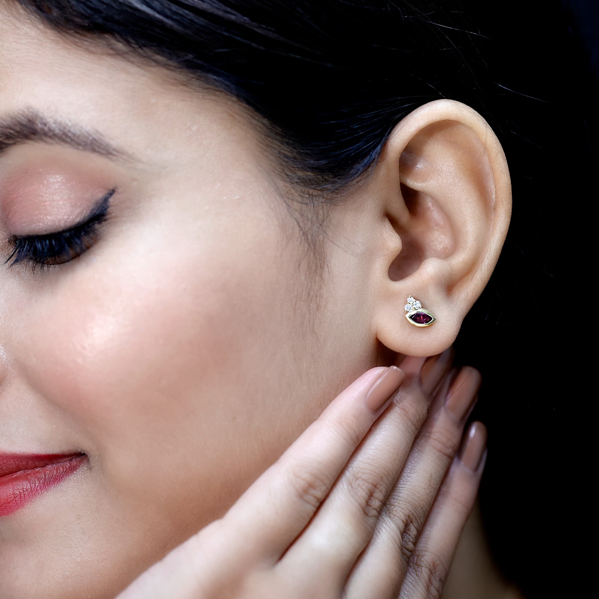 Rhodolite Garnet Earrings – Bezel Set Marquise Cut Studs with EF-VS Lab Diamonds