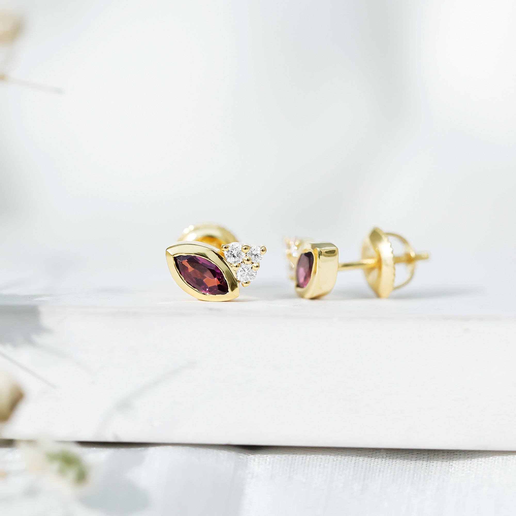 Rhodolite Garnet Earrings – Bezel Set Marquise Cut Studs with EF-VS Lab Diamonds