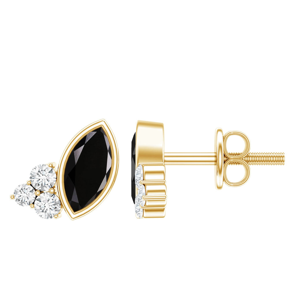 Natural Black Onyx Stud Earrings with Diamond Trio