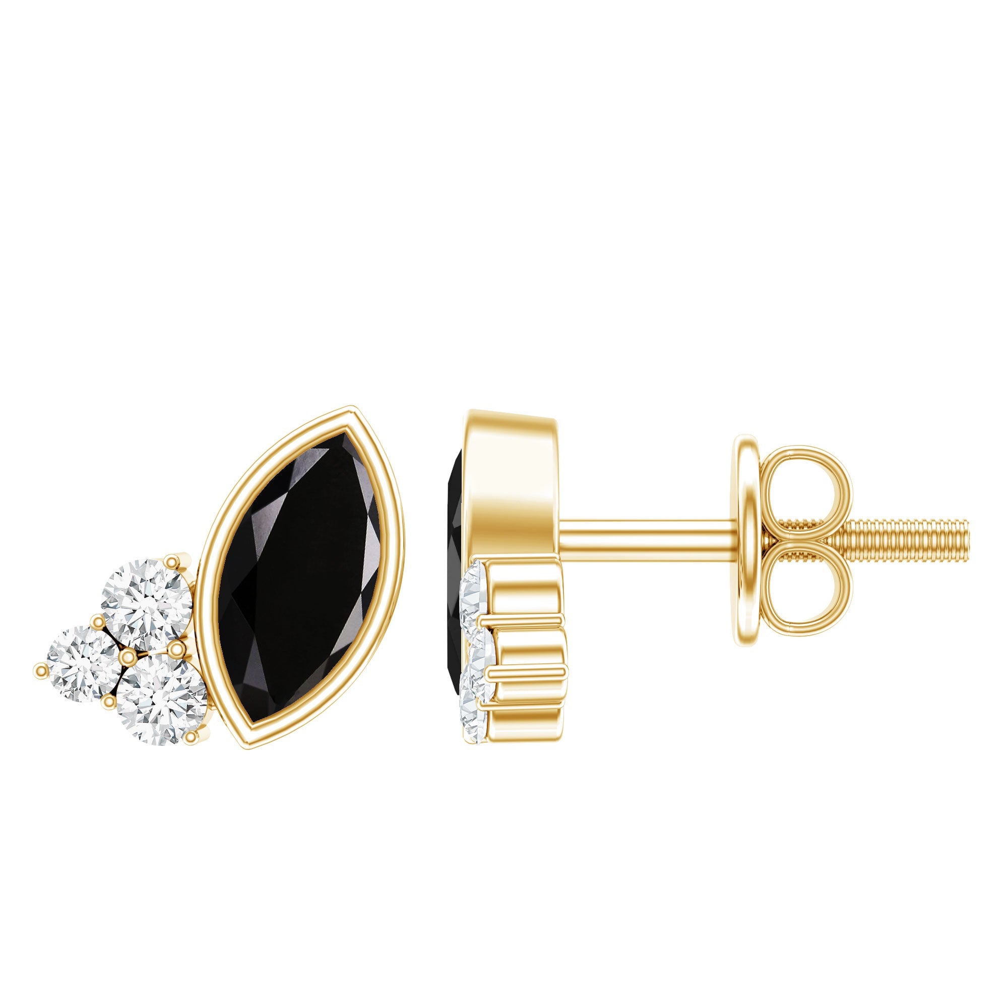 Natural Black Onyx Stud Earrings with Diamond Trio