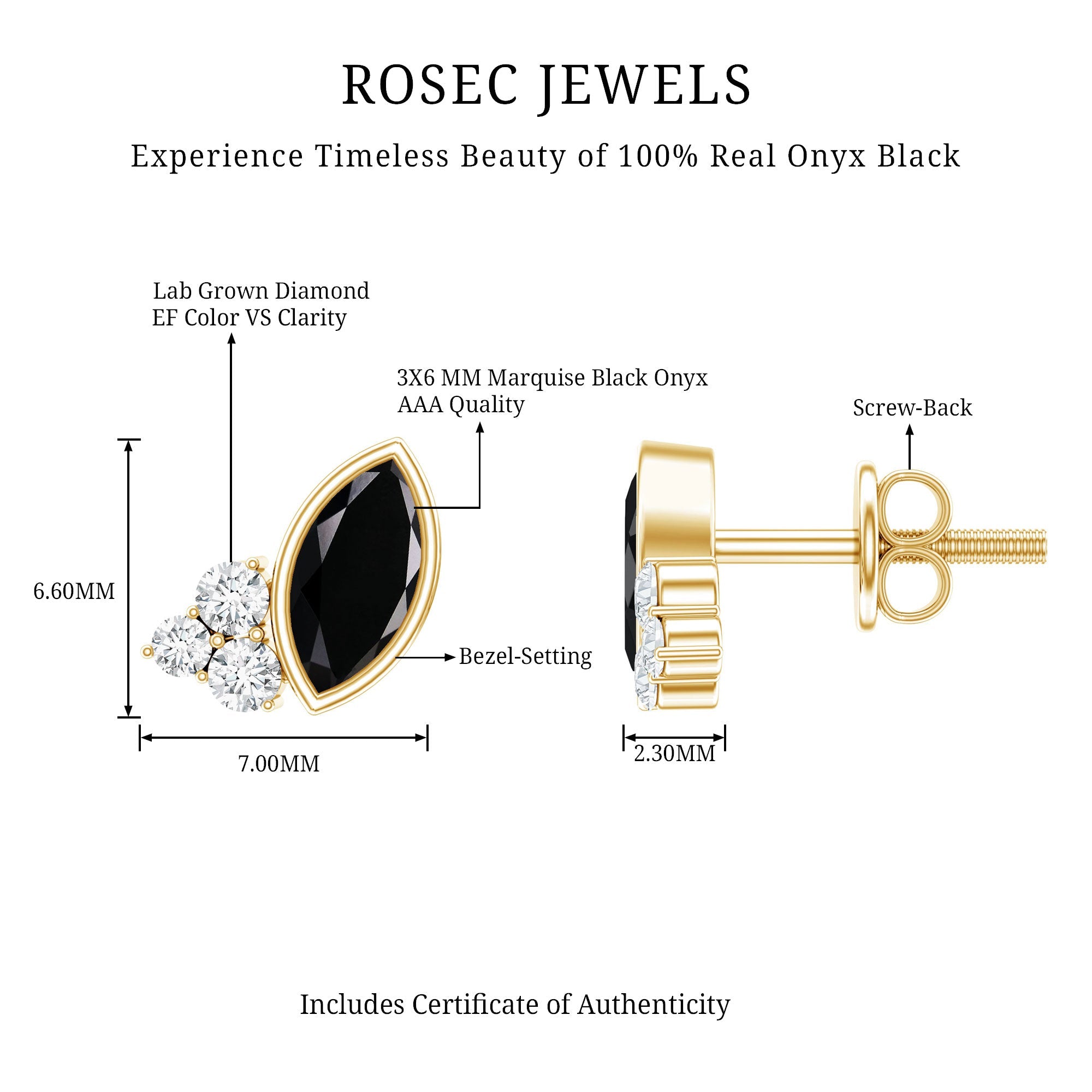 Natural Black Onyx Stud Earrings with Diamond Trio