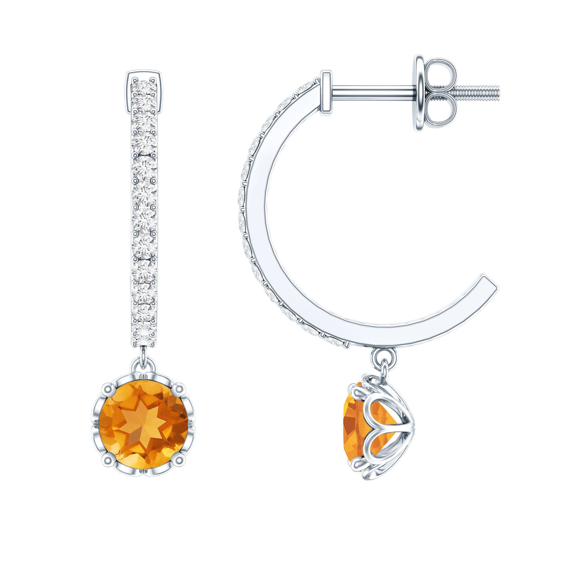 Citrine Drop Earrings – Diamond Half Hoop with Screw Back | AAA Quality Citrine