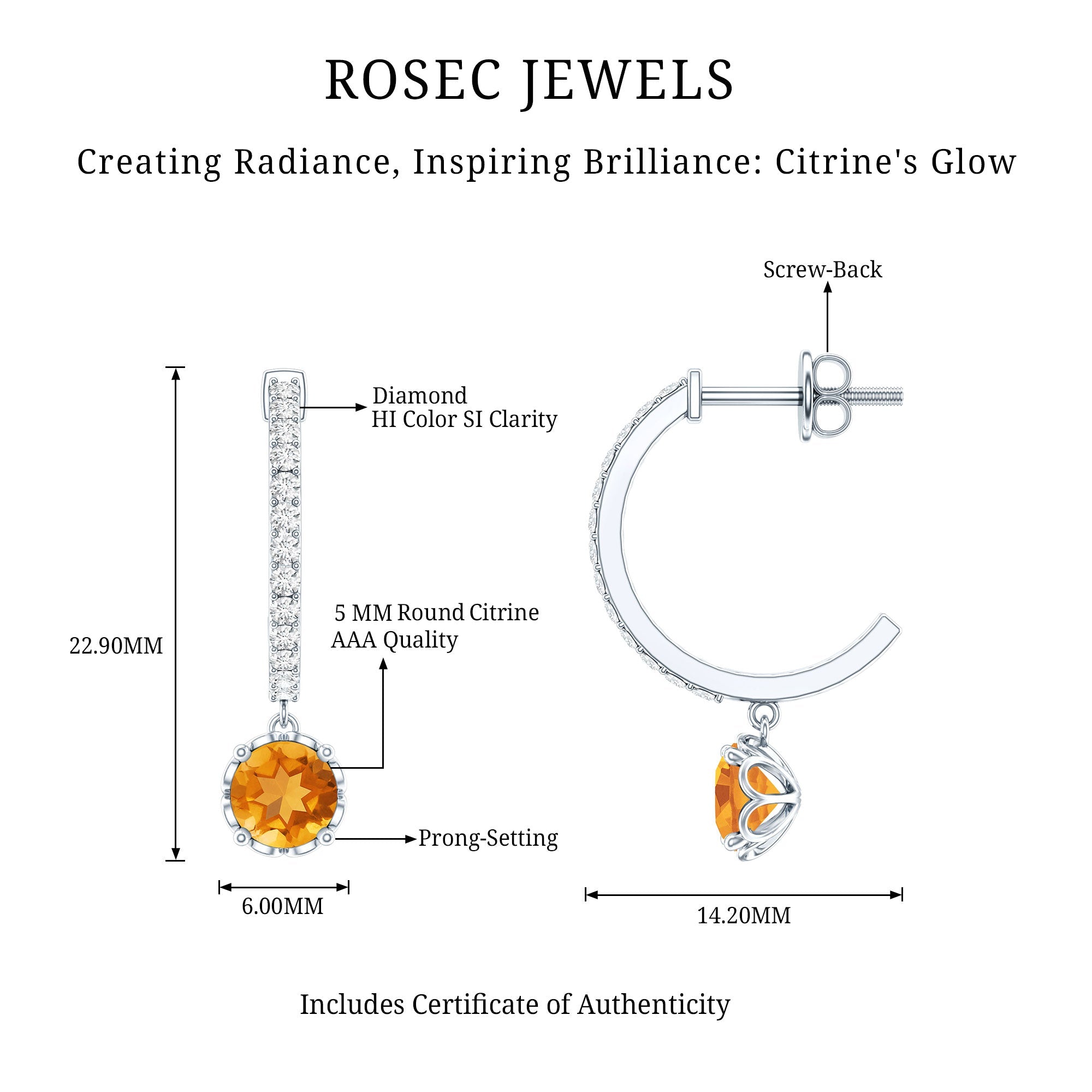 Citrine Drop Earrings – Diamond Half Hoop with Screw Back | AAA Quality Citrine