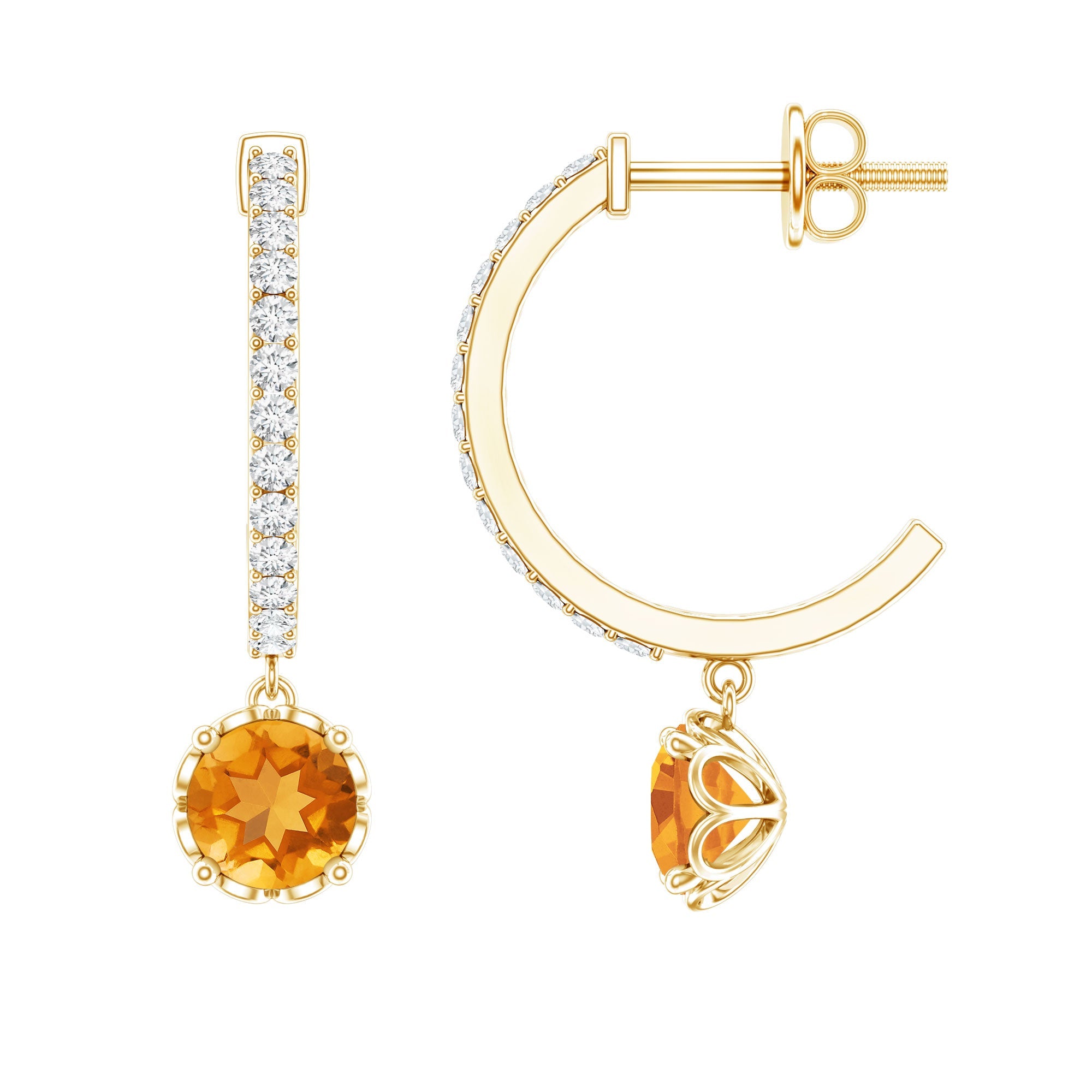 Citrine Drop Earrings – Diamond Half Hoop with Screw Back | AAA Quality Citrine