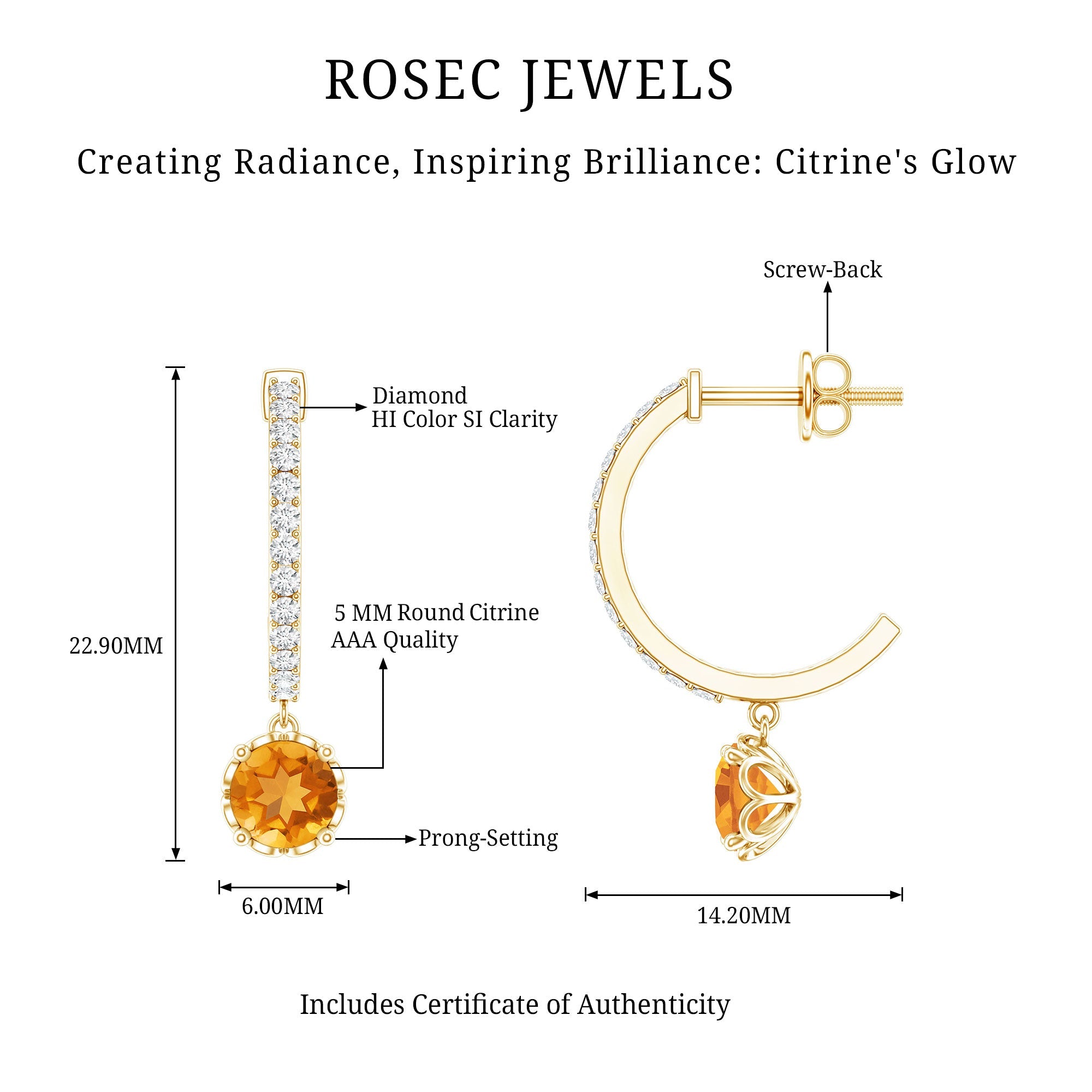 Citrine Drop Earrings – Diamond Half Hoop with Screw Back | AAA Quality Citrine