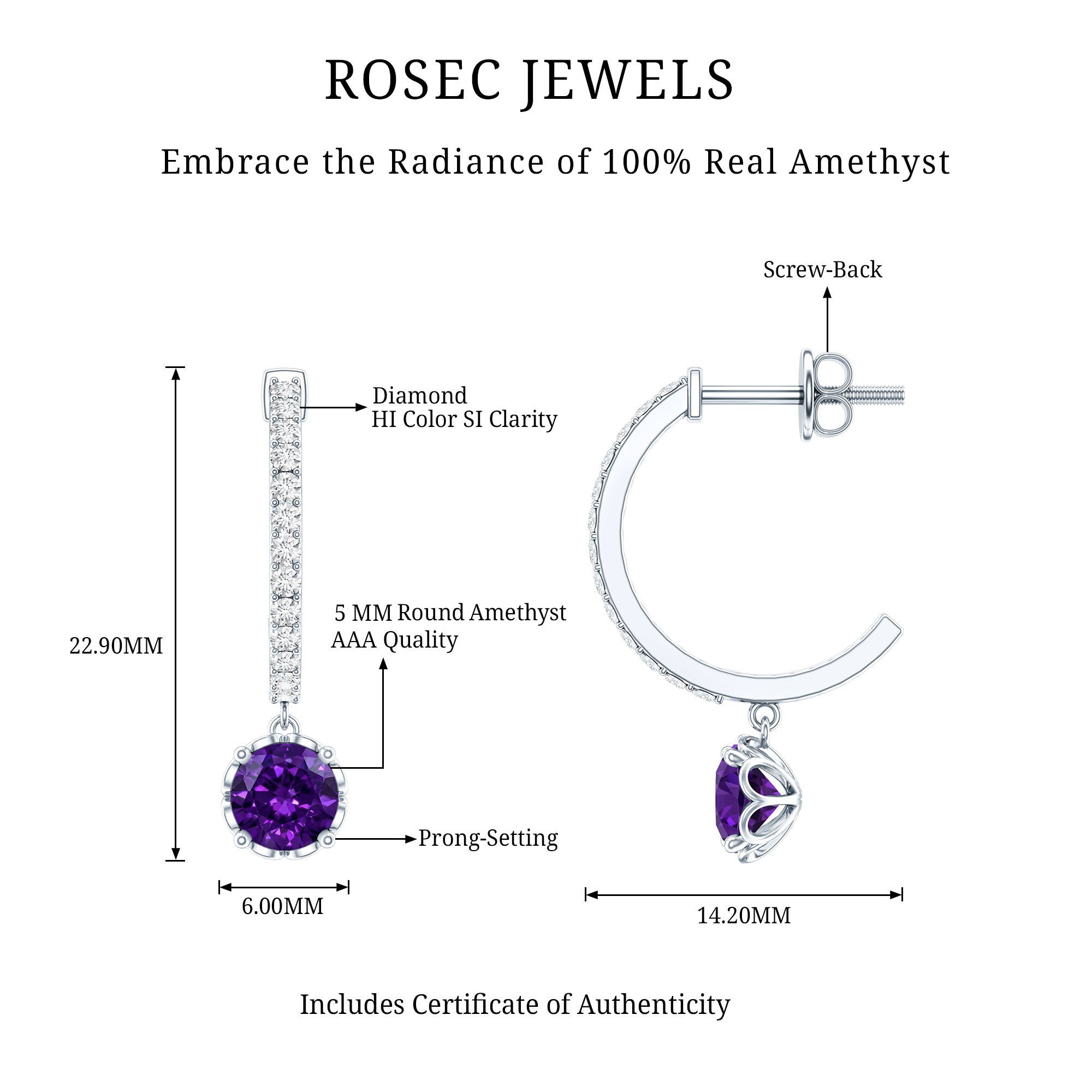 Natural Amethyst Hoop Drop Earrings with Diamond