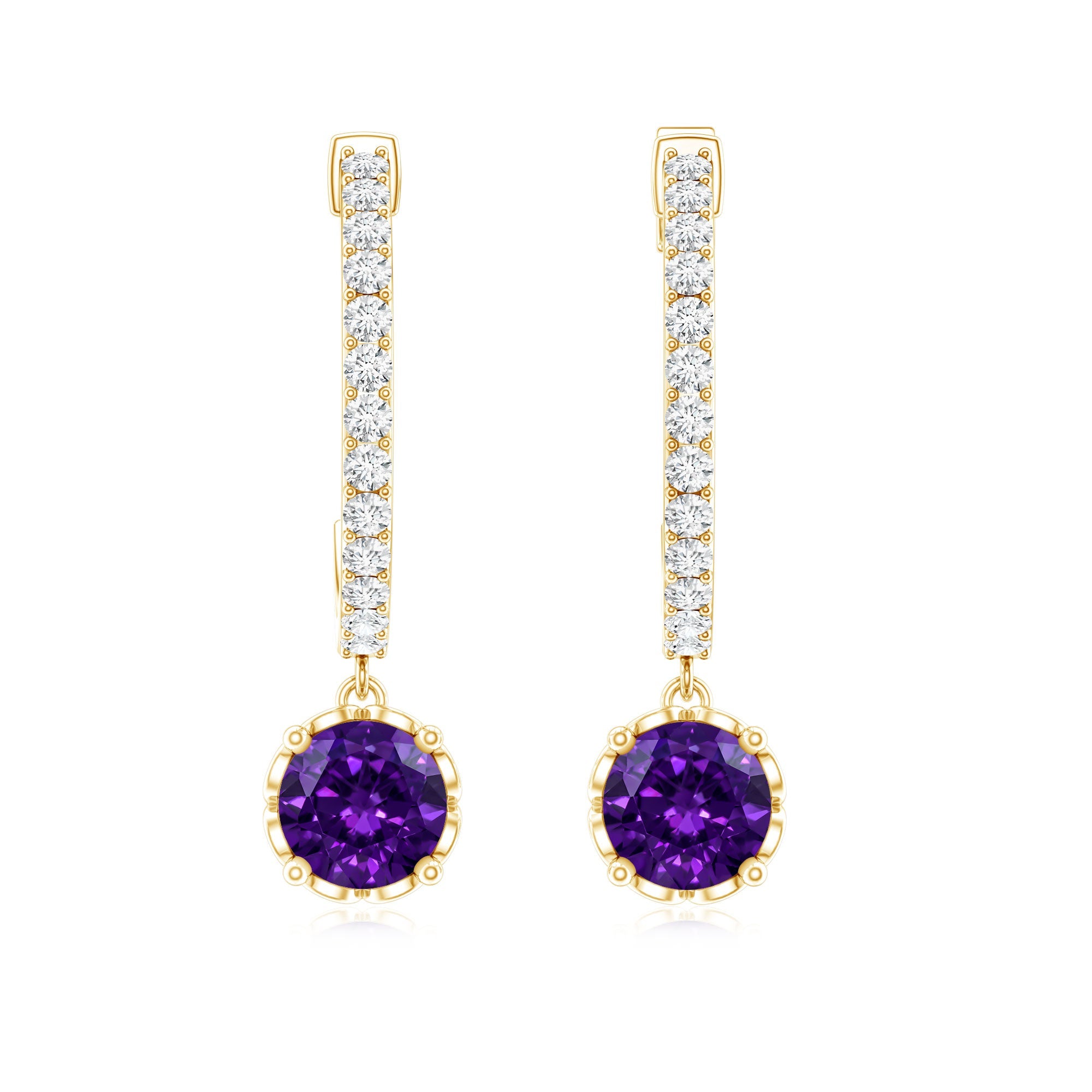 Natural Amethyst Hoop Drop Earrings with Diamond