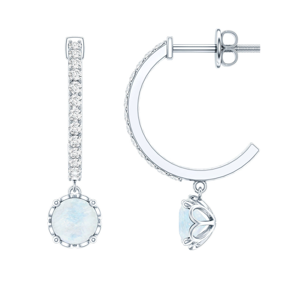 Moonstone Drop Earrings – Diamond Half Hoop | AAA Quality Blue Gemstone Jewelry