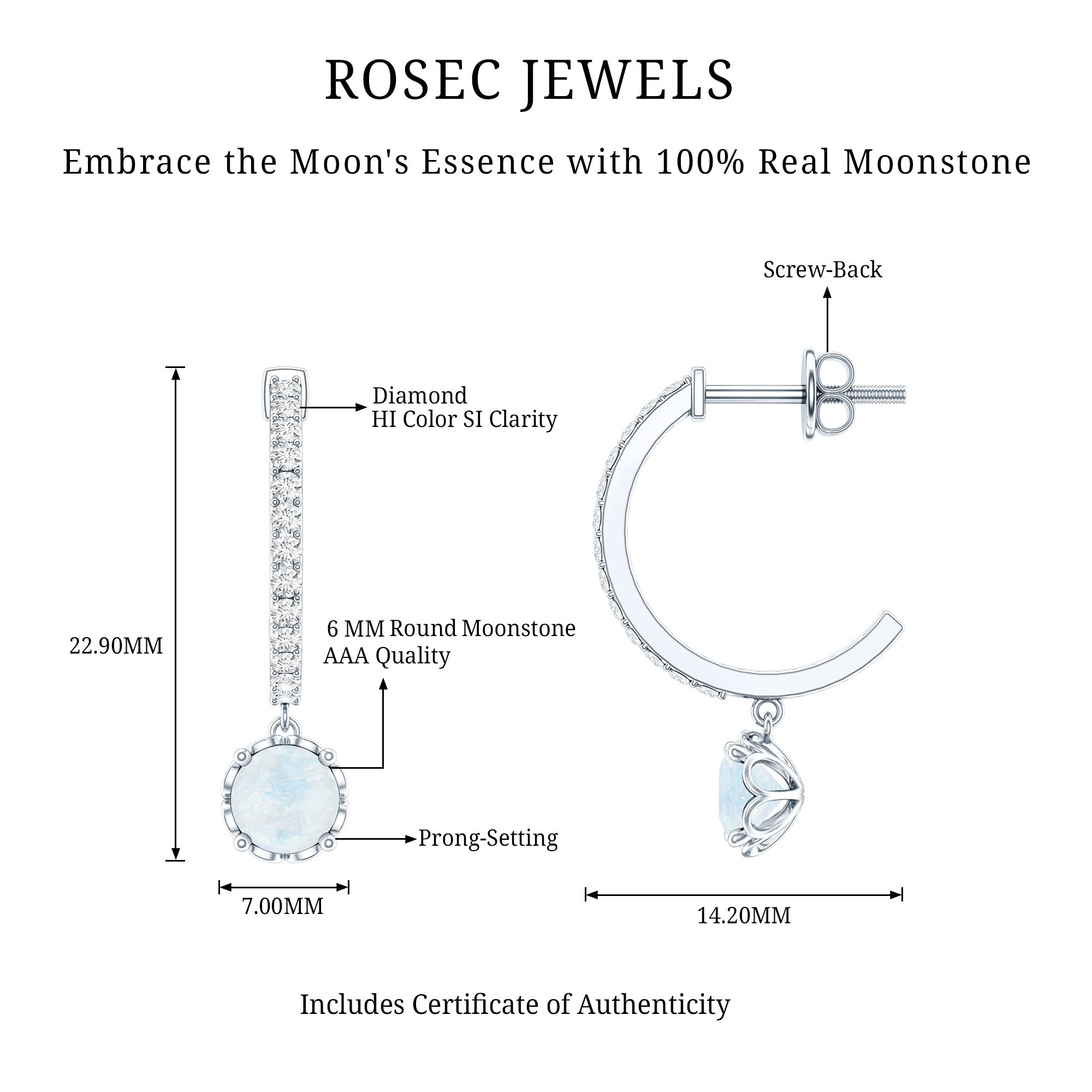 Moonstone Drop Earrings – Diamond Half Hoop | AAA Quality Blue Gemstone Jewelry