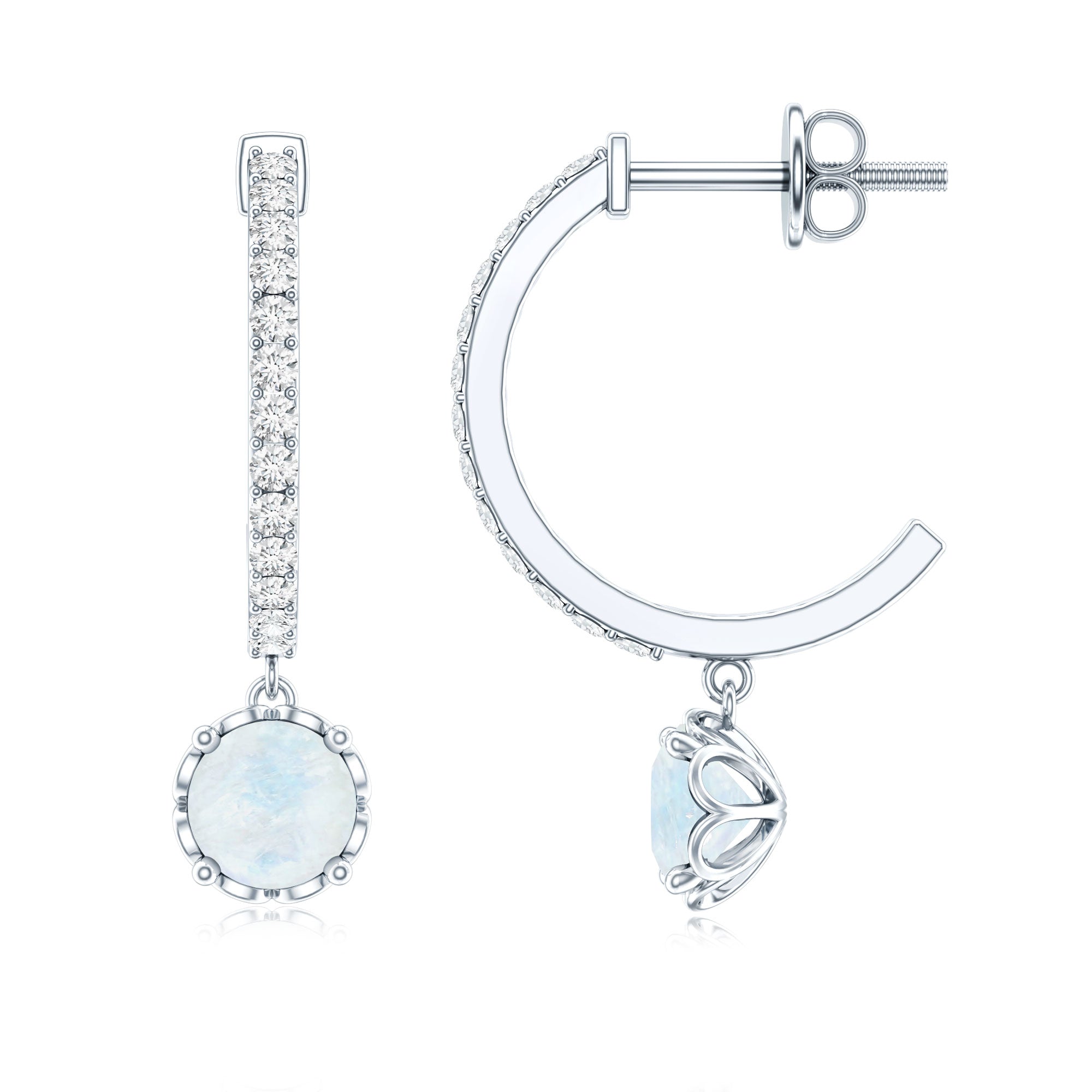 Moonstone Drop Earrings – Diamond Half Hoop | AAA Quality Blue Gemstone Jewelry