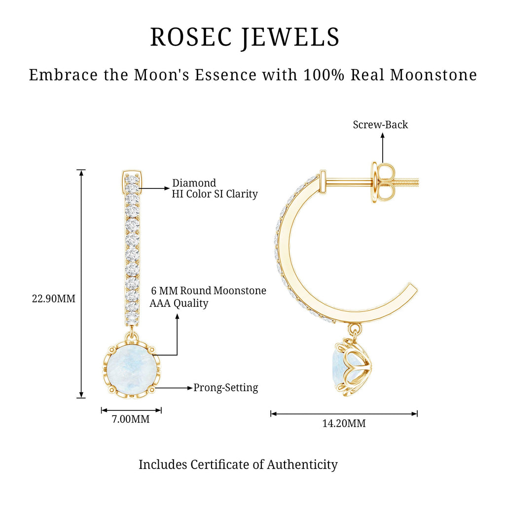 Moonstone Drop Earrings – Diamond Half Hoop | AAA Quality Blue Gemstone Jewelry