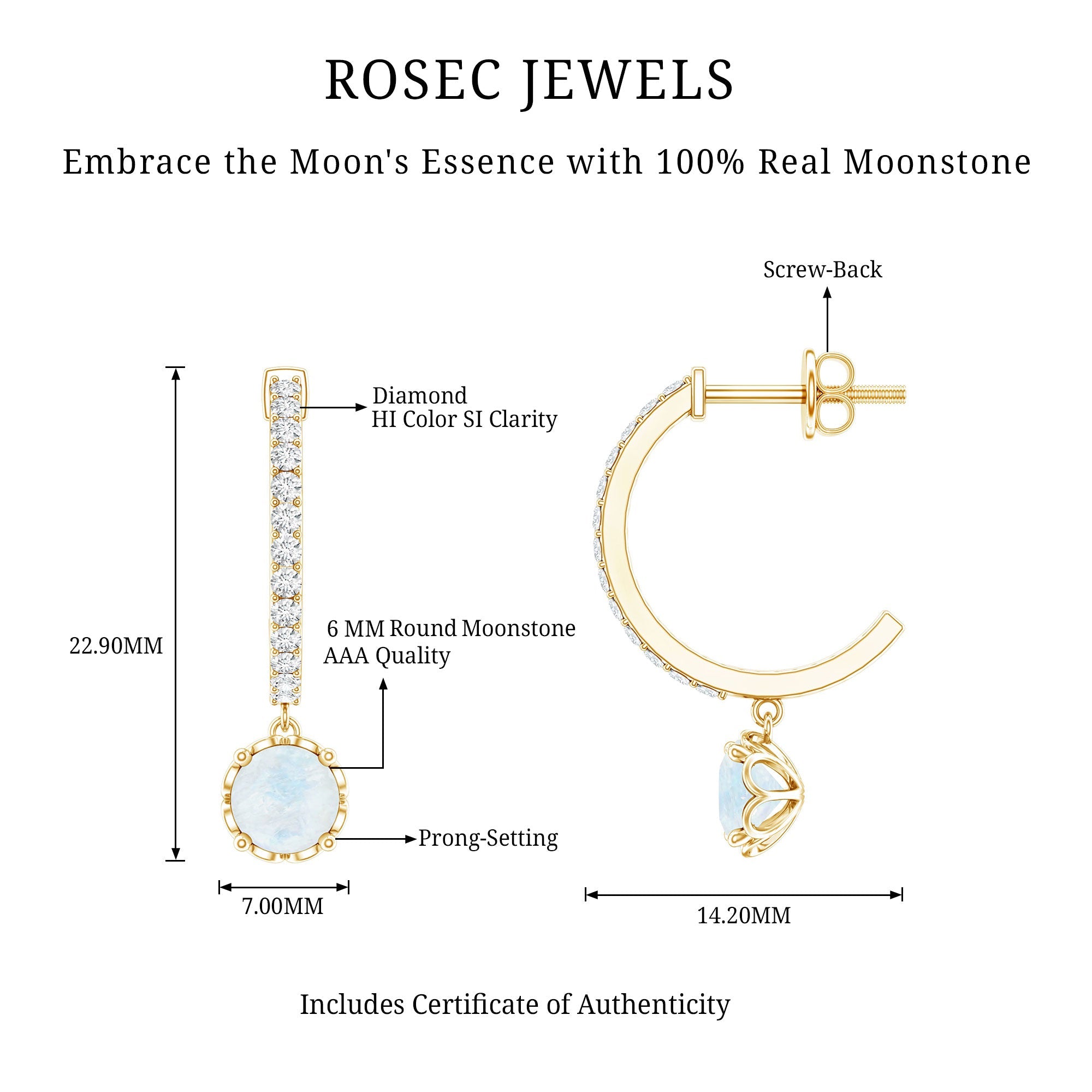 Moonstone Drop Earrings – Diamond Half Hoop | AAA Quality Blue Gemstone Jewelry