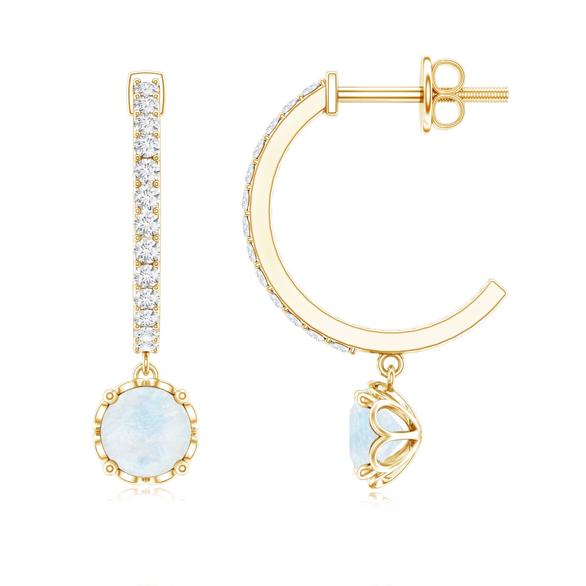 Moonstone Drop Earrings – Diamond Half Hoop | AAA Quality Blue Gemstone Jewelry