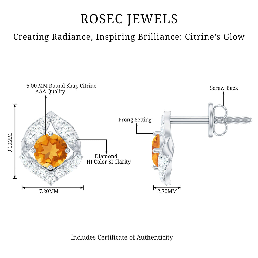 Citrine Leaf Earrings – Natural Citrine Jewelry With Diamond Studs & Prong Setting