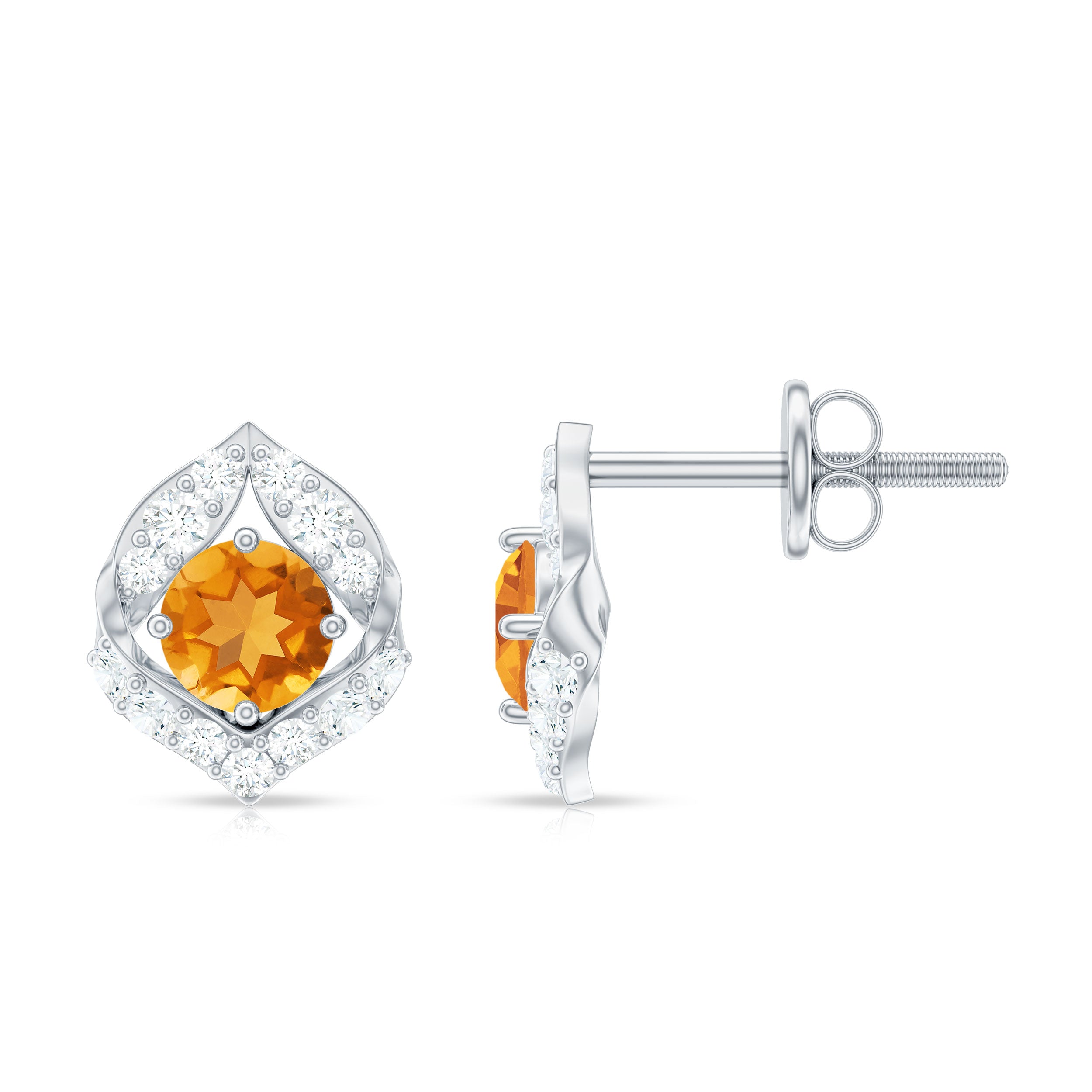 Citrine Leaf Earrings – Natural Citrine Jewelry With Diamond Studs & Prong Setting