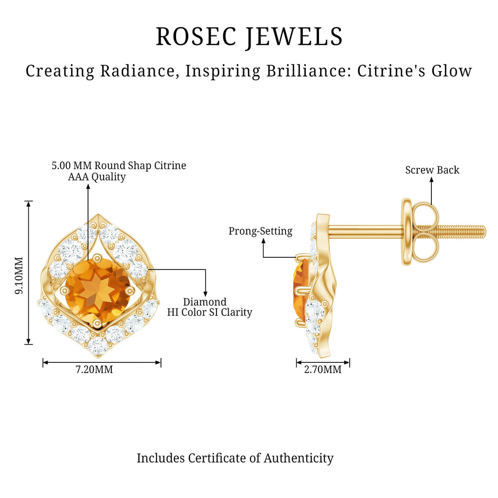 Citrine Leaf Earrings – Natural Citrine Jewelry With Diamond Studs & Prong Setting