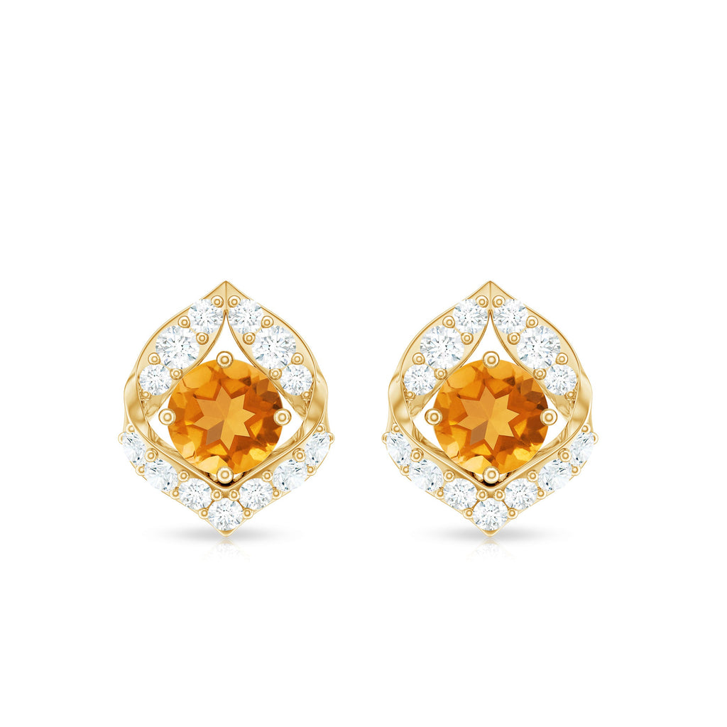 Citrine Leaf Earrings – Natural Citrine Jewelry With Diamond Studs & Prong Setting
