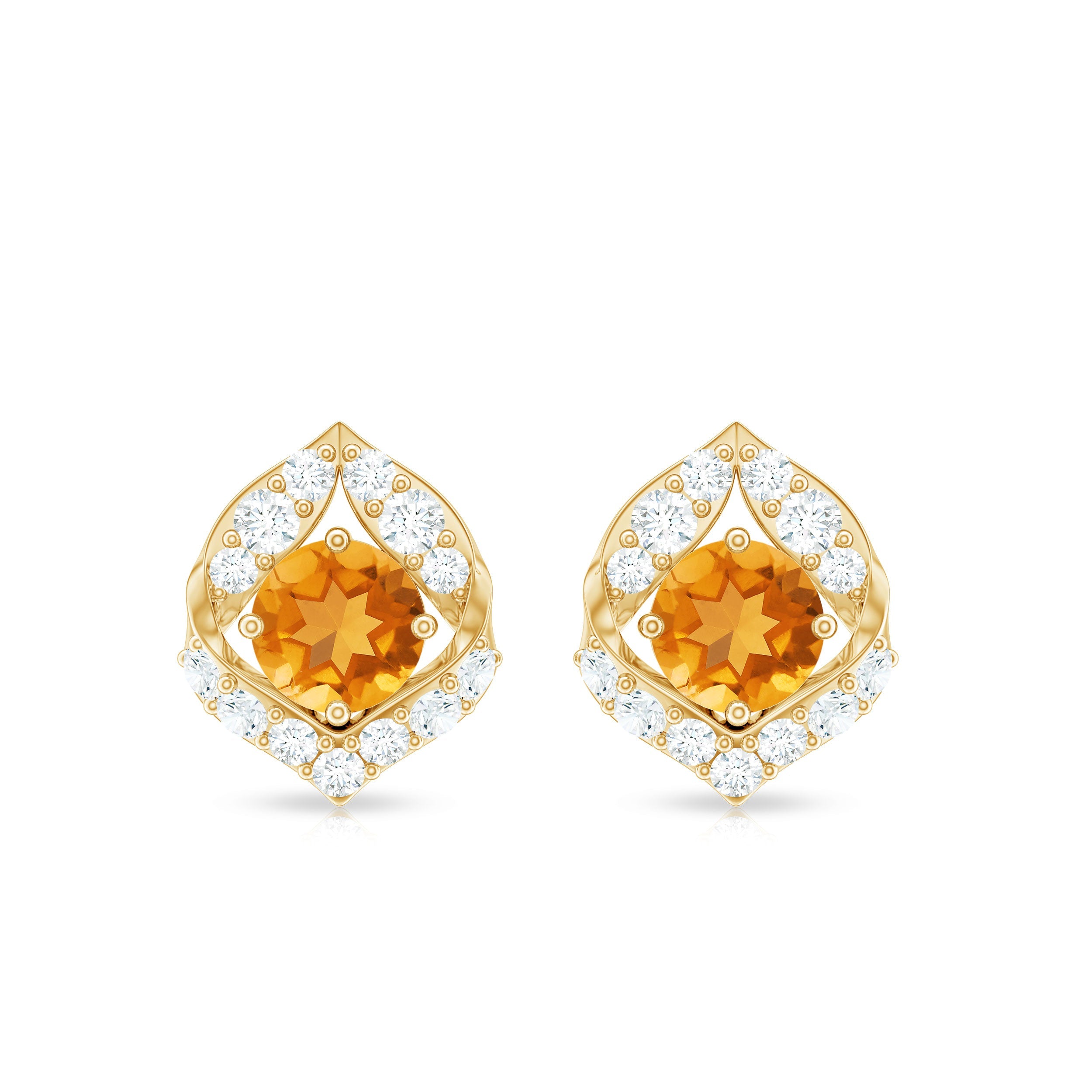 Citrine Leaf Earrings – Natural Citrine Jewelry With Diamond Studs & Prong Setting