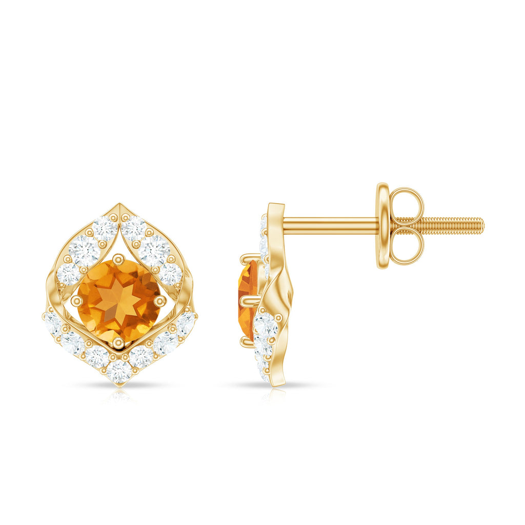 Citrine Leaf Earrings – Natural Citrine Jewelry With Diamond Studs & Prong Setting