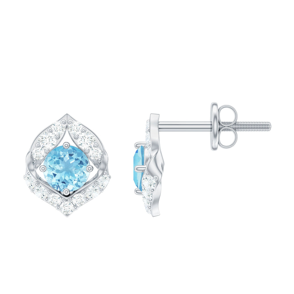 Aquamarine Diamond Earrings – Vintage Inspired Leaf Motif Studs | Screw Back Closure