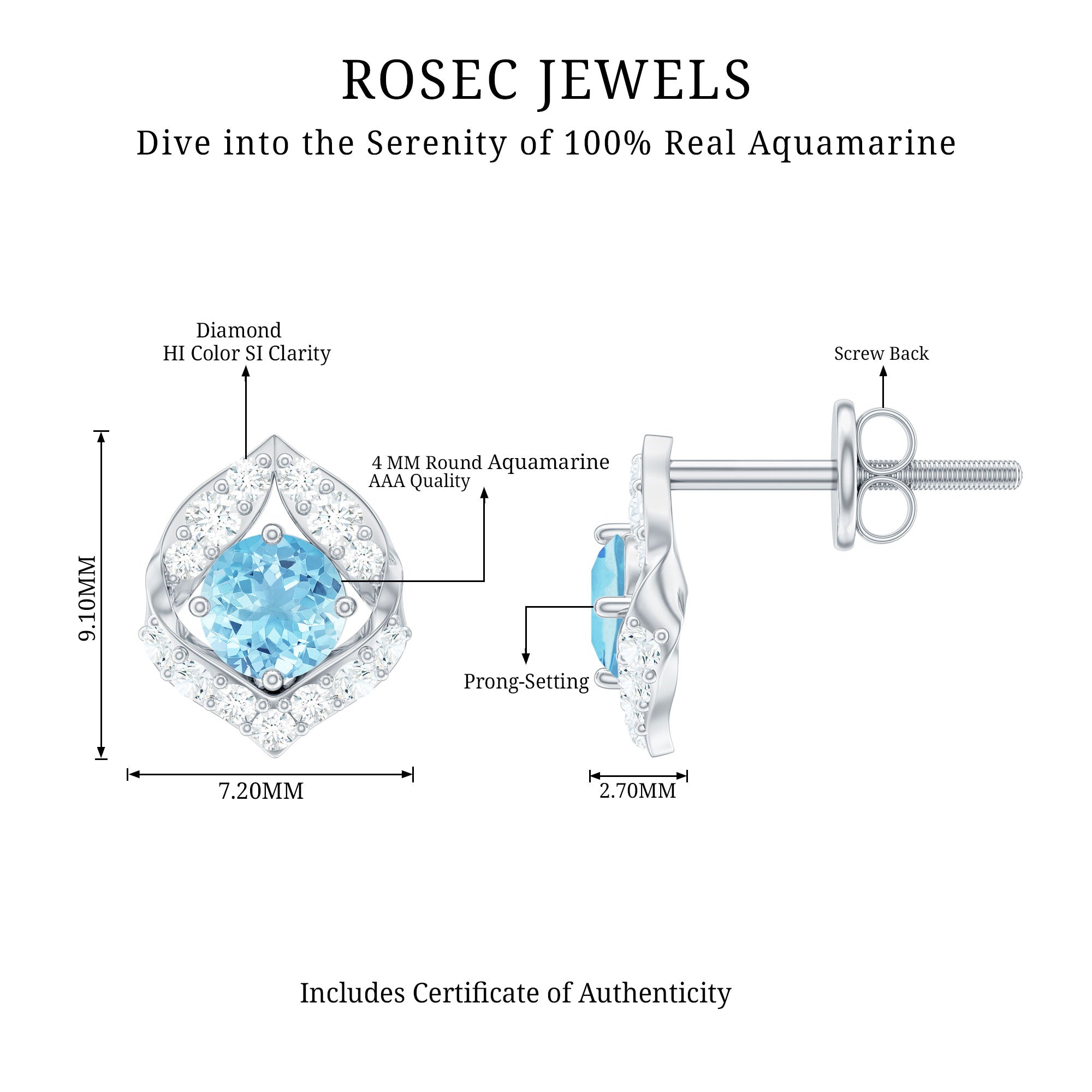Aquamarine Diamond Earrings – Vintage Inspired Leaf Motif Studs | Screw Back Closure