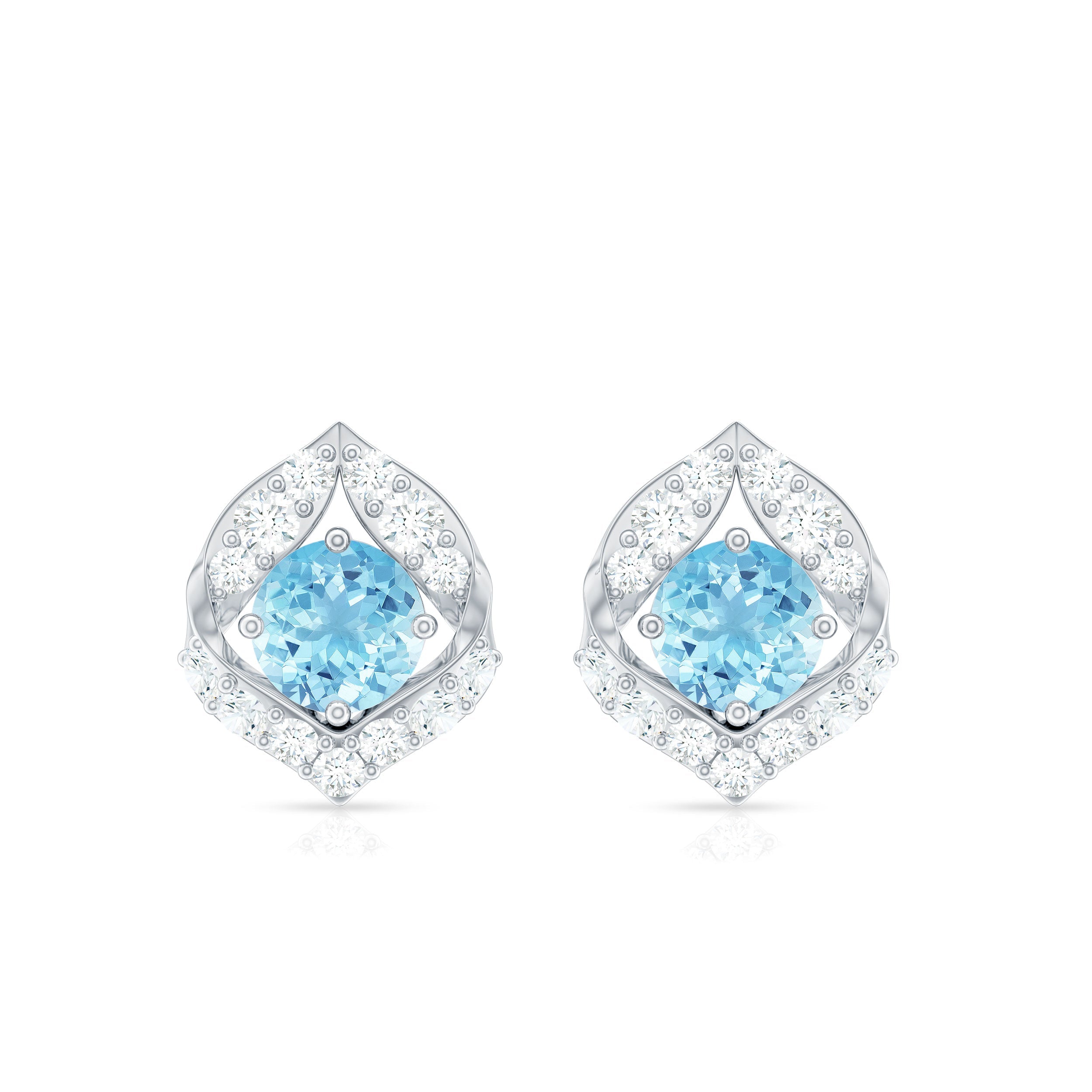 Aquamarine Diamond Earrings – Vintage Inspired Leaf Motif Studs | Screw Back Closure