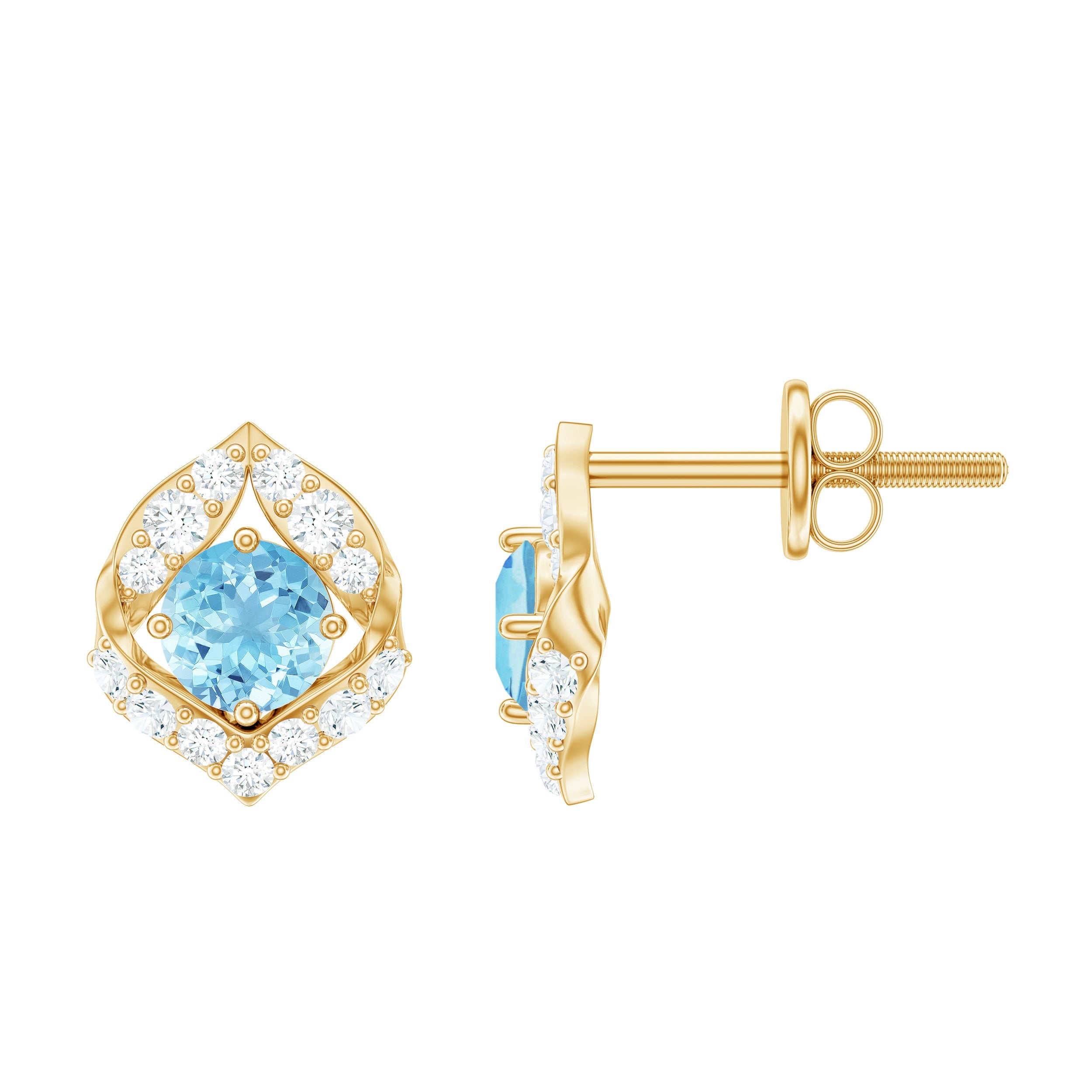 Aquamarine Diamond Earrings – Vintage Inspired Leaf Motif Studs | Screw Back Closure