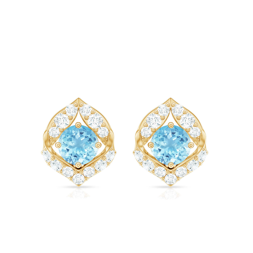 Aquamarine Diamond Earrings – Vintage Inspired Leaf Motif Studs | Screw Back Closure