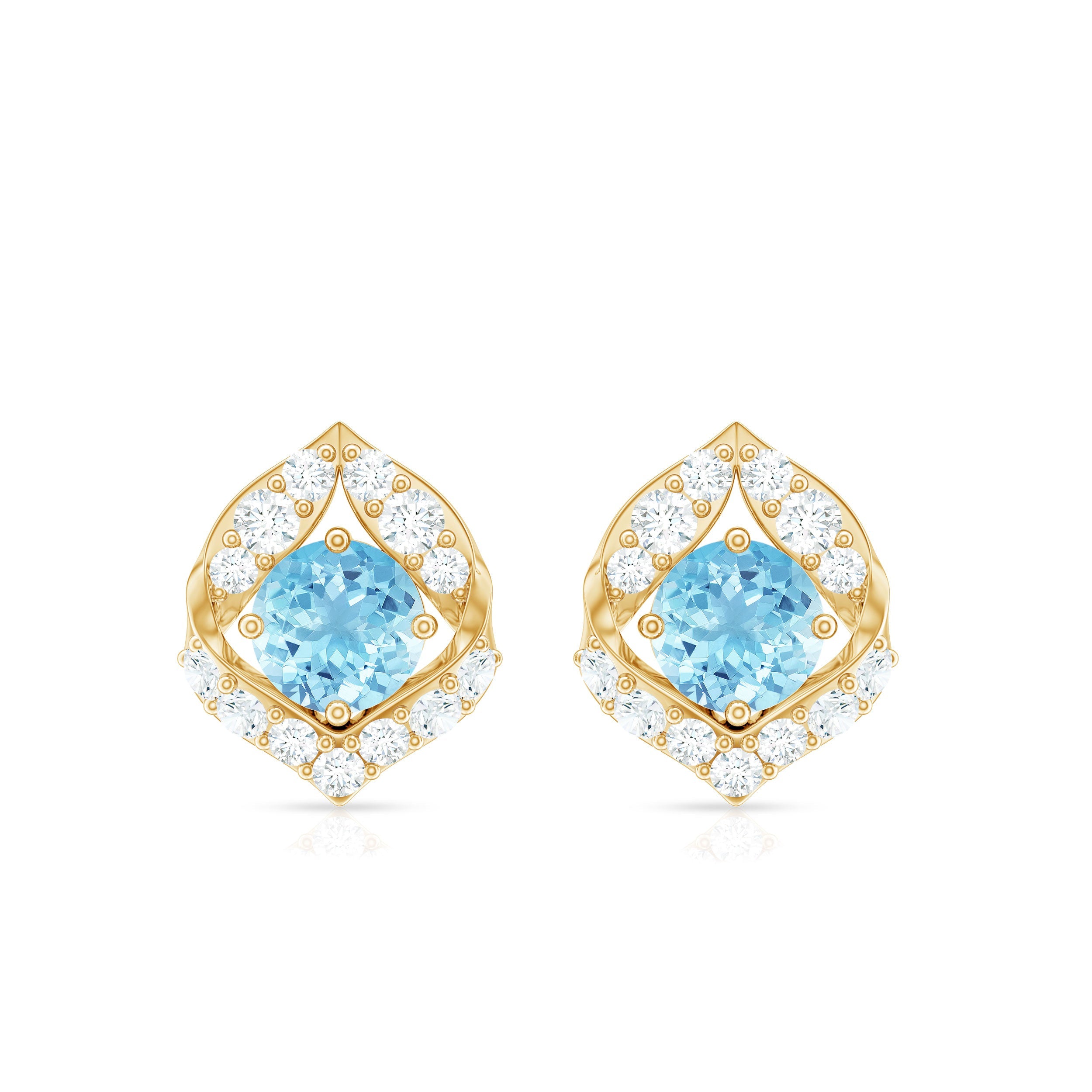 Aquamarine Diamond Earrings – Vintage Inspired Leaf Motif Studs | Screw Back Closure