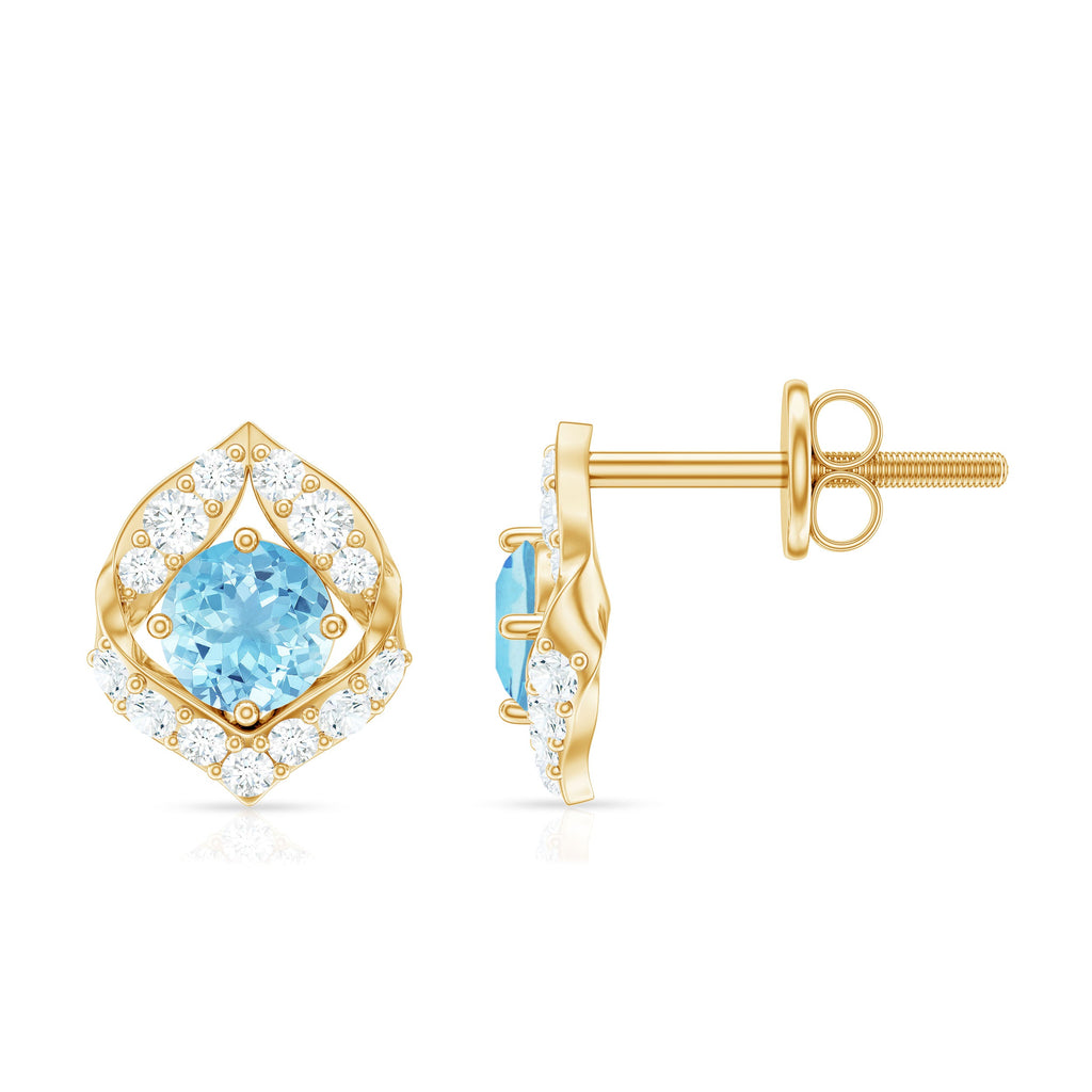 Aquamarine Diamond Earrings – Vintage Inspired Leaf Motif Studs | Screw Back Closure