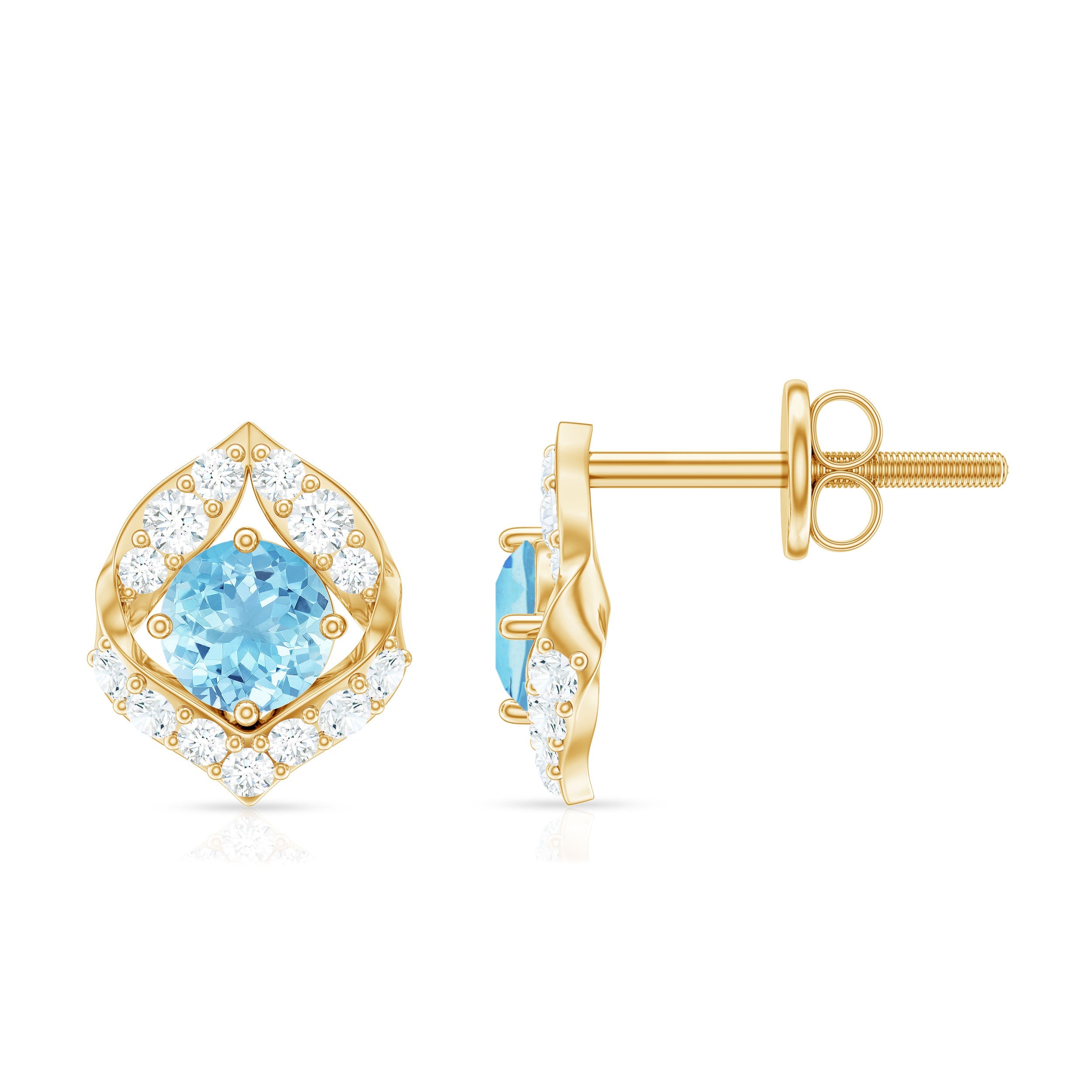 Aquamarine Diamond Earrings – Vintage Inspired Leaf Motif Studs | Screw Back Closure