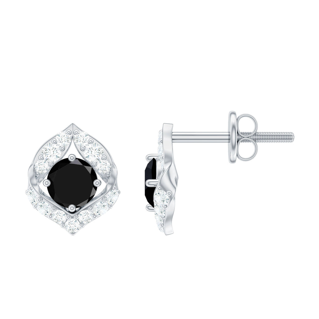 Natural Black Onyx Diamond Leaf Stud Earrings with Screw Back
