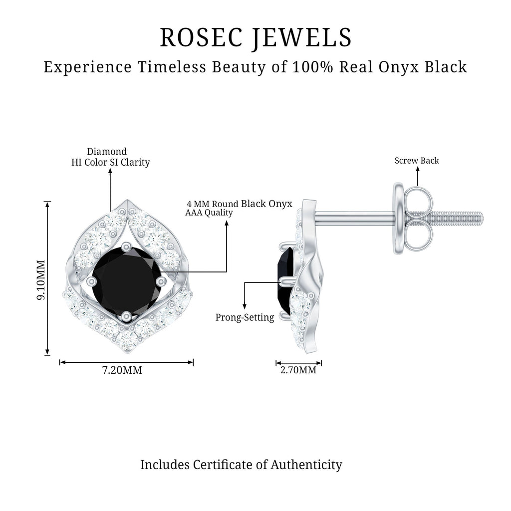 Natural Black Onyx Diamond Leaf Stud Earrings with Screw Back
