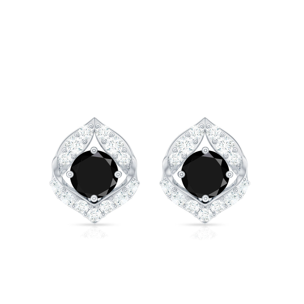 Natural Black Onyx Diamond Leaf Stud Earrings with Screw Back