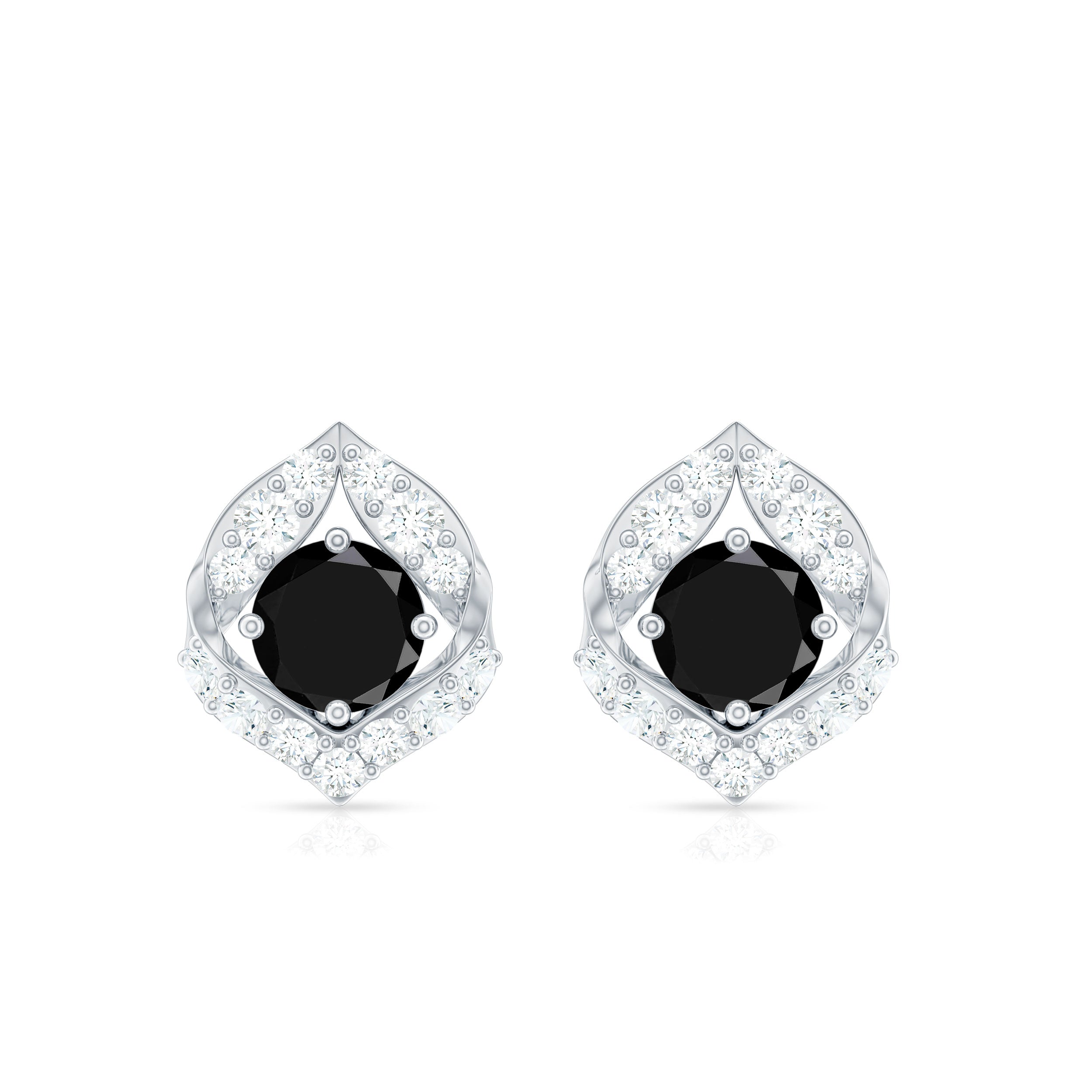 Natural Black Onyx Diamond Leaf Stud Earrings with Screw Back