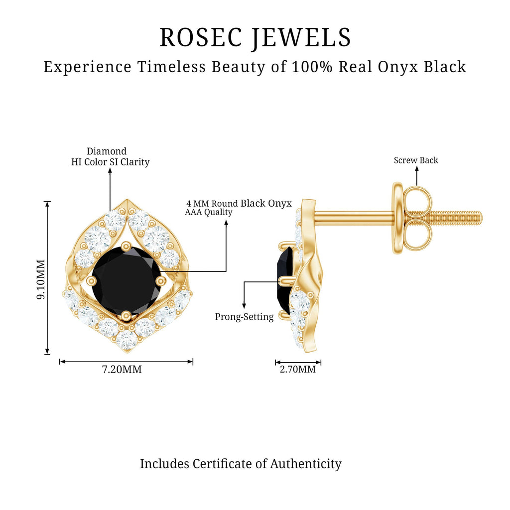 Natural Black Onyx Diamond Leaf Stud Earrings with Screw Back