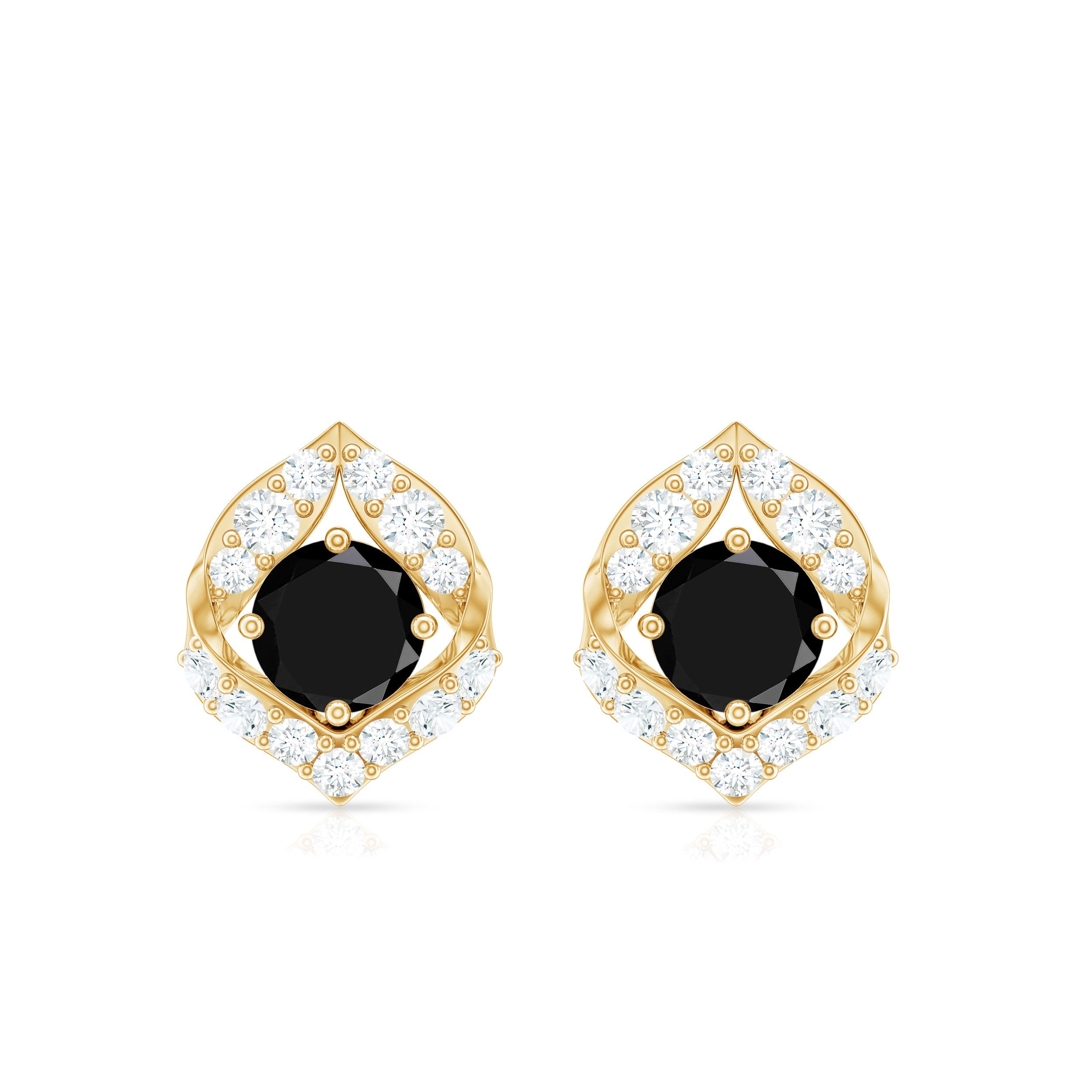 Natural Black Onyx Diamond Leaf Stud Earrings with Screw Back