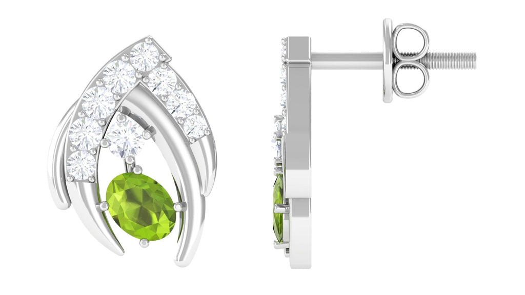 Peridot Stud Earrings – Oval Peridot Jewelry with Diamond & Secure Screw Back