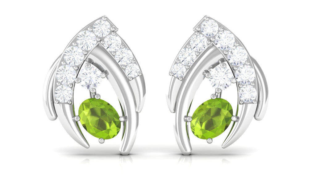 Peridot Stud Earrings – Oval Peridot Jewelry with Diamond & Secure Screw Back