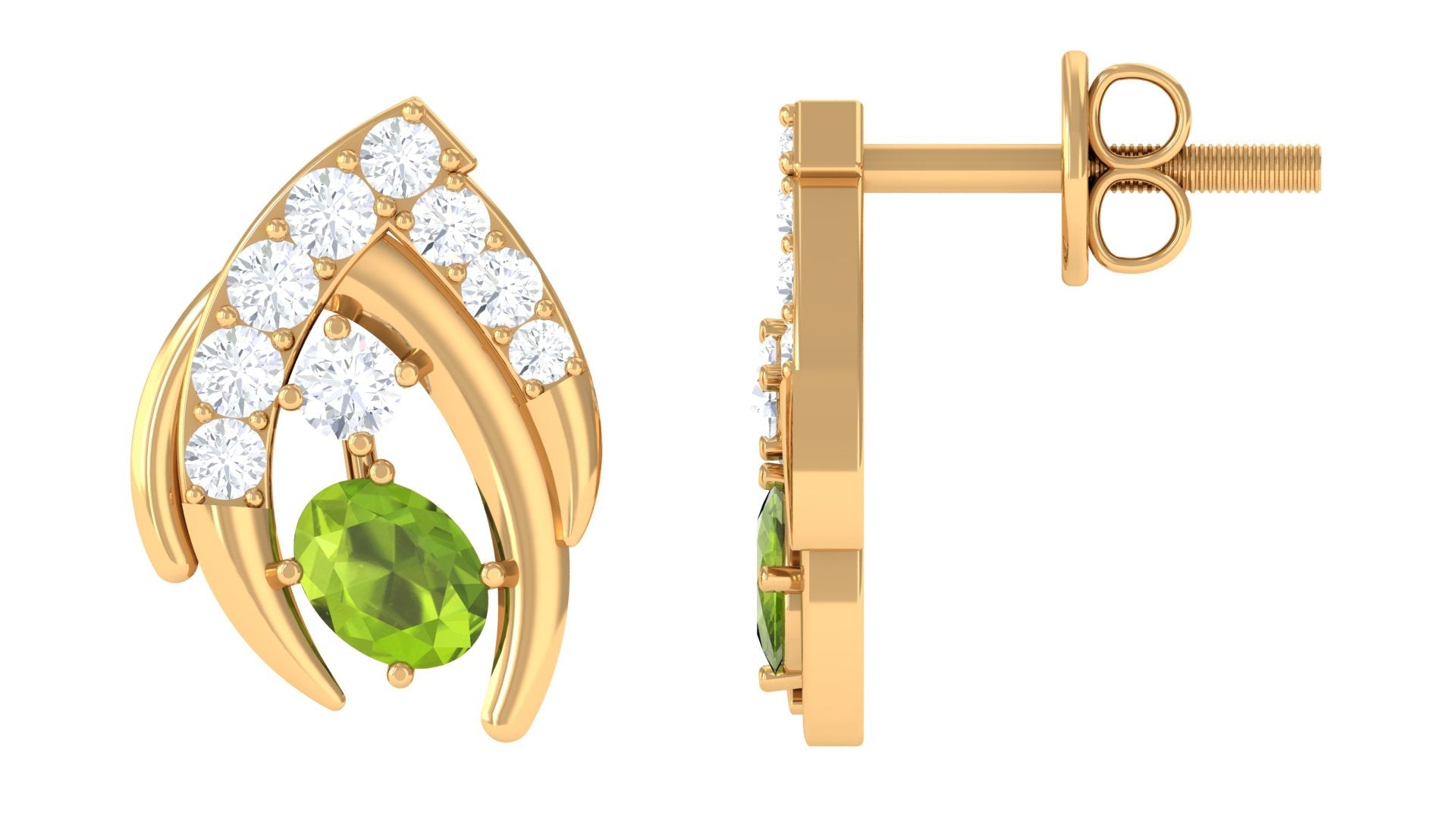 Peridot Stud Earrings – Oval Peridot Jewelry with Diamond & Secure Screw Back